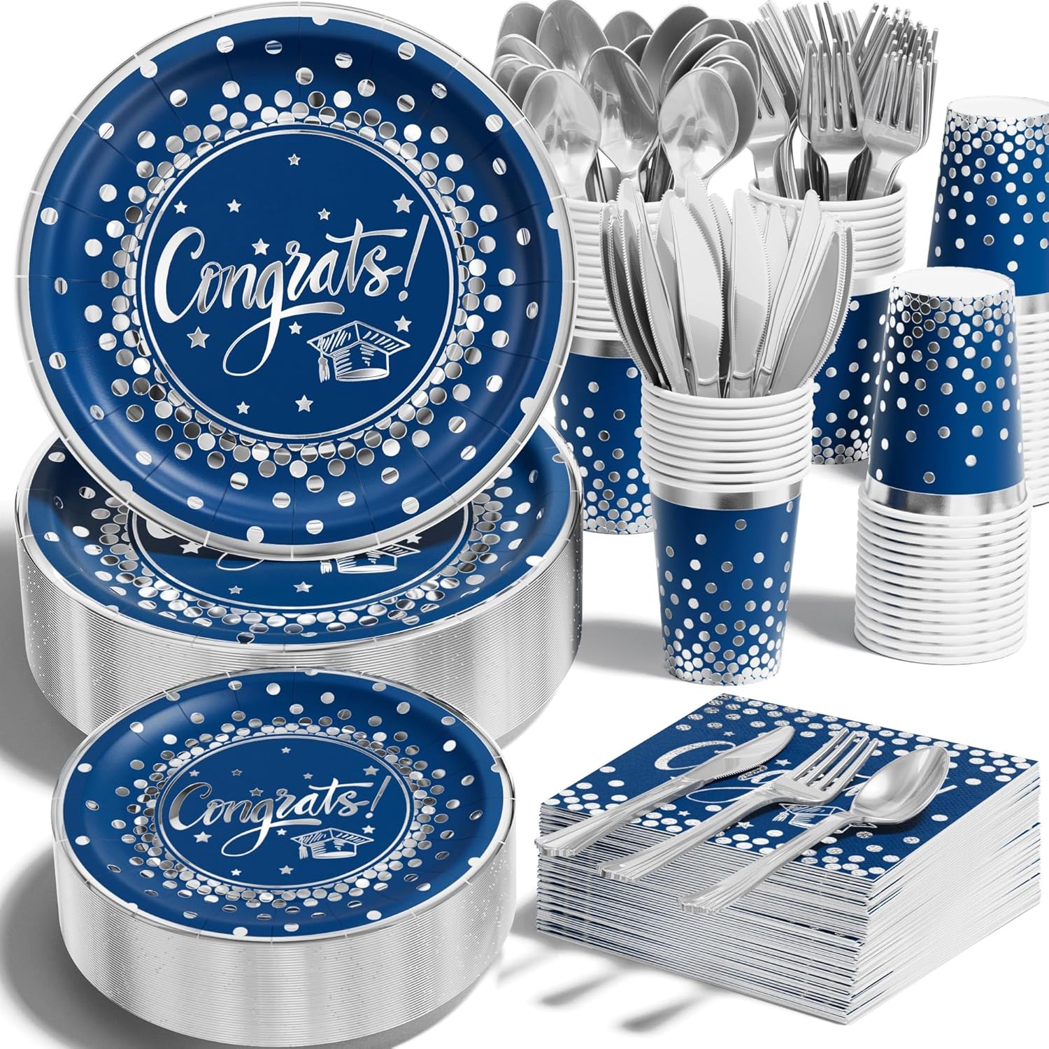 Ecomore 2026 Graduation Party Decoration - 350 PCS Blue Gold Grad Supplies Disposable Dinnerware (Severs 50) w/ Congrats Paper Plates Napkin Cup Plastic Cutlery for College High School Class of 2026