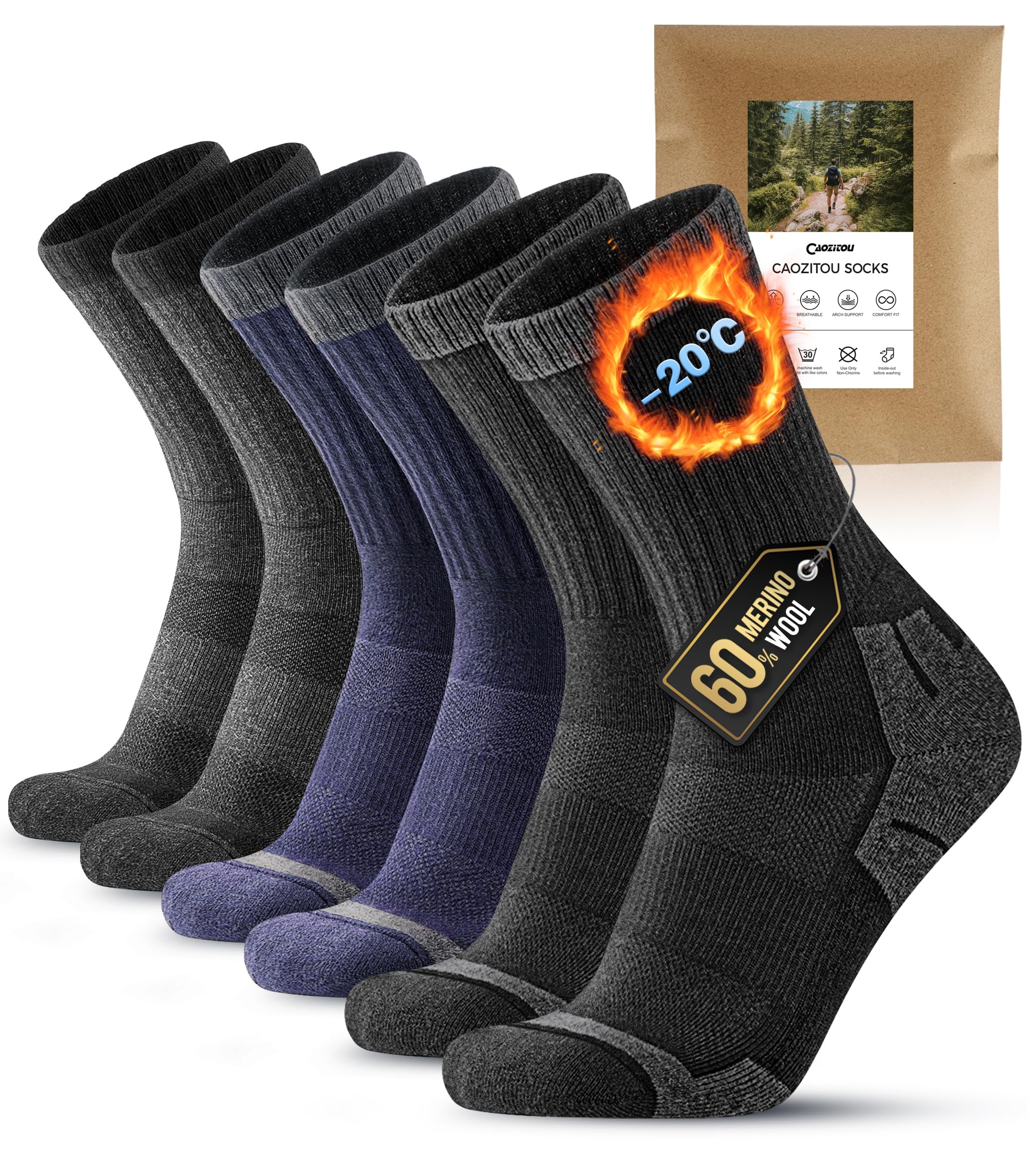 CAOZITOU 3 Paar Merino Thermosocken Herren 43-46, 60% Wandersocken Gepolstert, Wolle Trekkingsocken Winter Warme Socken für Outdoor Sport(Schwarz,Grau,Blau)
