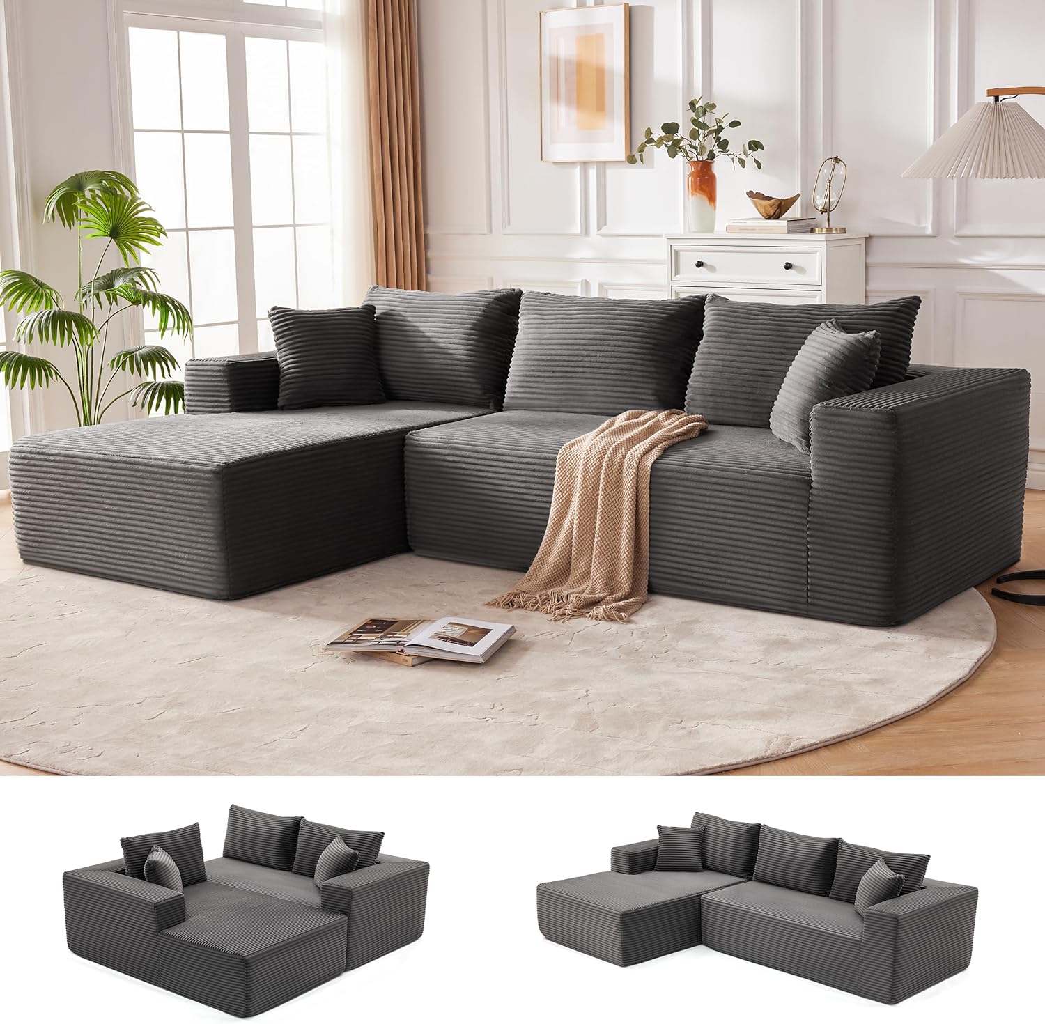 110” Cloud Sectional Couch, Boneless Sofa for Living Room, Modular Sectional Sofa with Deep Seat, Comfy Fluffy Couch with L-Shaped Chaise, No Assembly Required (Left-Facing Chaise, Dark Grey) Dark Grey 110 Inch (Left Facing Chaise)