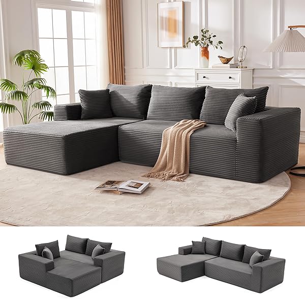 110” Cloud Sectional Couch, Boneless Sofa for Living Room, Modular Sectional Sofa with Deep Seat, Comfy Fluffy Couch with L-Shaped Chaise, No Assembly Required (Left-Facing Chaise, Dark Grey)
