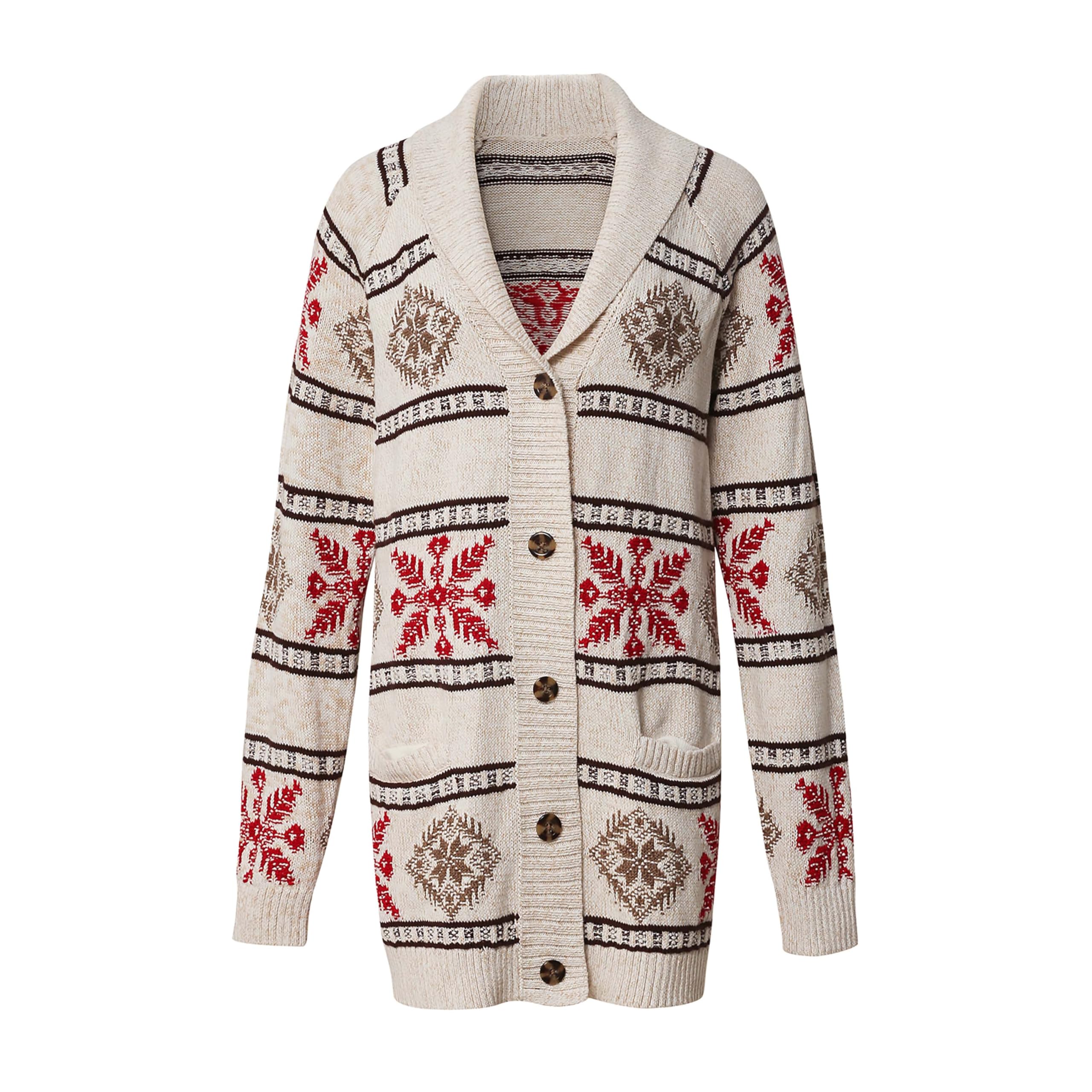 Womens Christmas Snowflake Cardigan - V-Neck Button Front Knit Sweater for Fall Winter