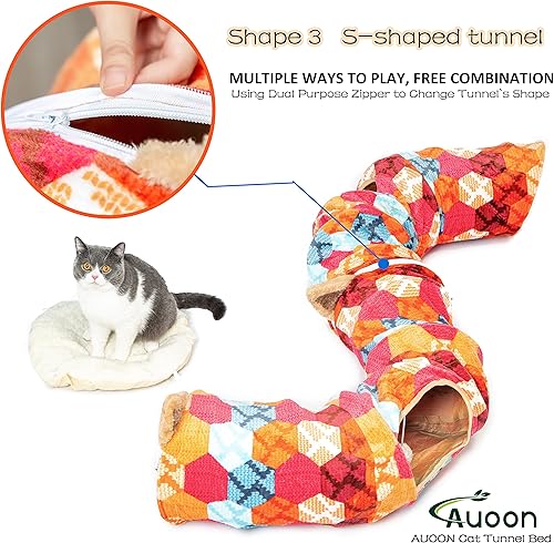 Vista 19 de AUOON Cama de túnel para gatos con alfombrilla central, juguetes de tubo grande, material de felpa suave, forma de luna llena para gatitos, gatos