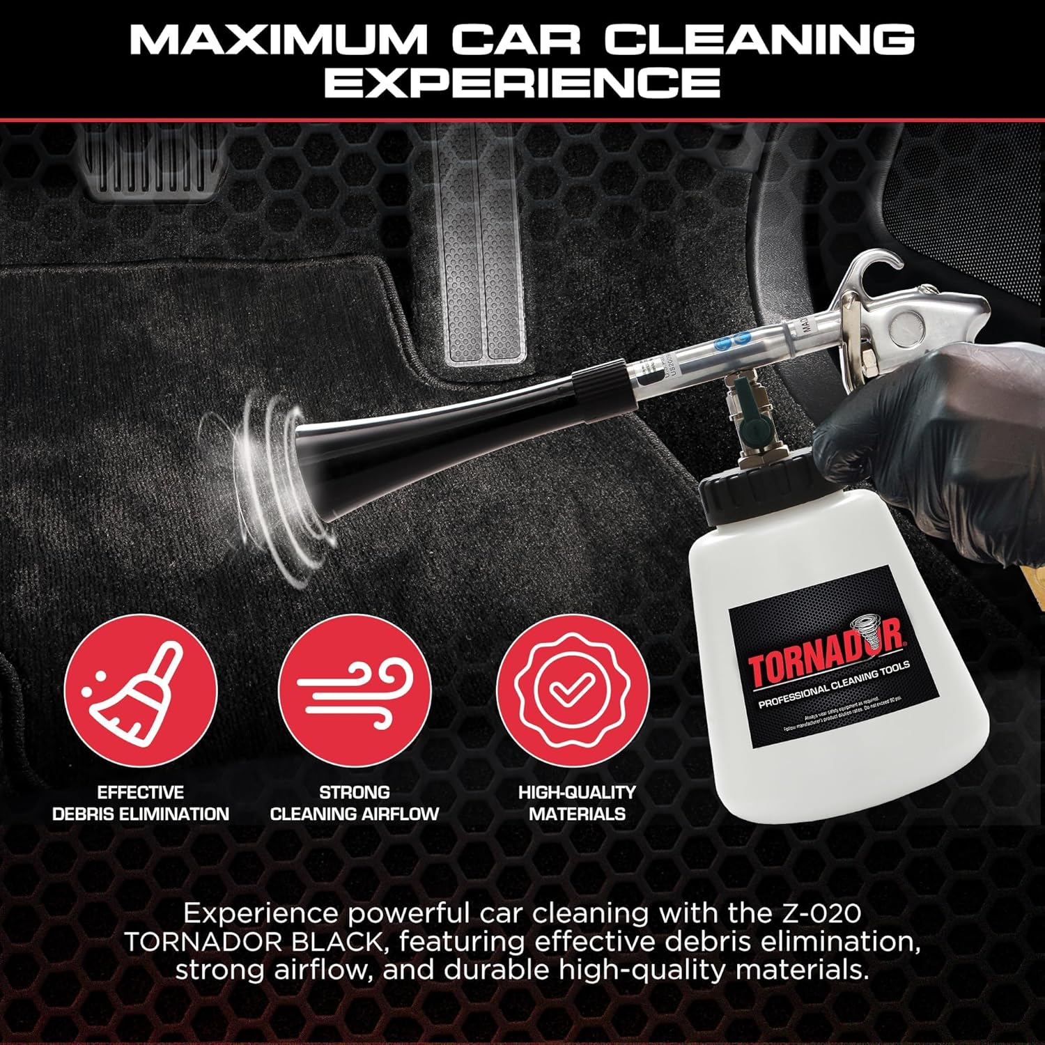 Tornador Black Z-020 Car Detailing Tool Includes 32oz Reservoir | Professional High-Pressure Cleaning Gun for Auto Interiors | Adjustable Air Regulator | Low Noise & Air Consumption | Durable Design