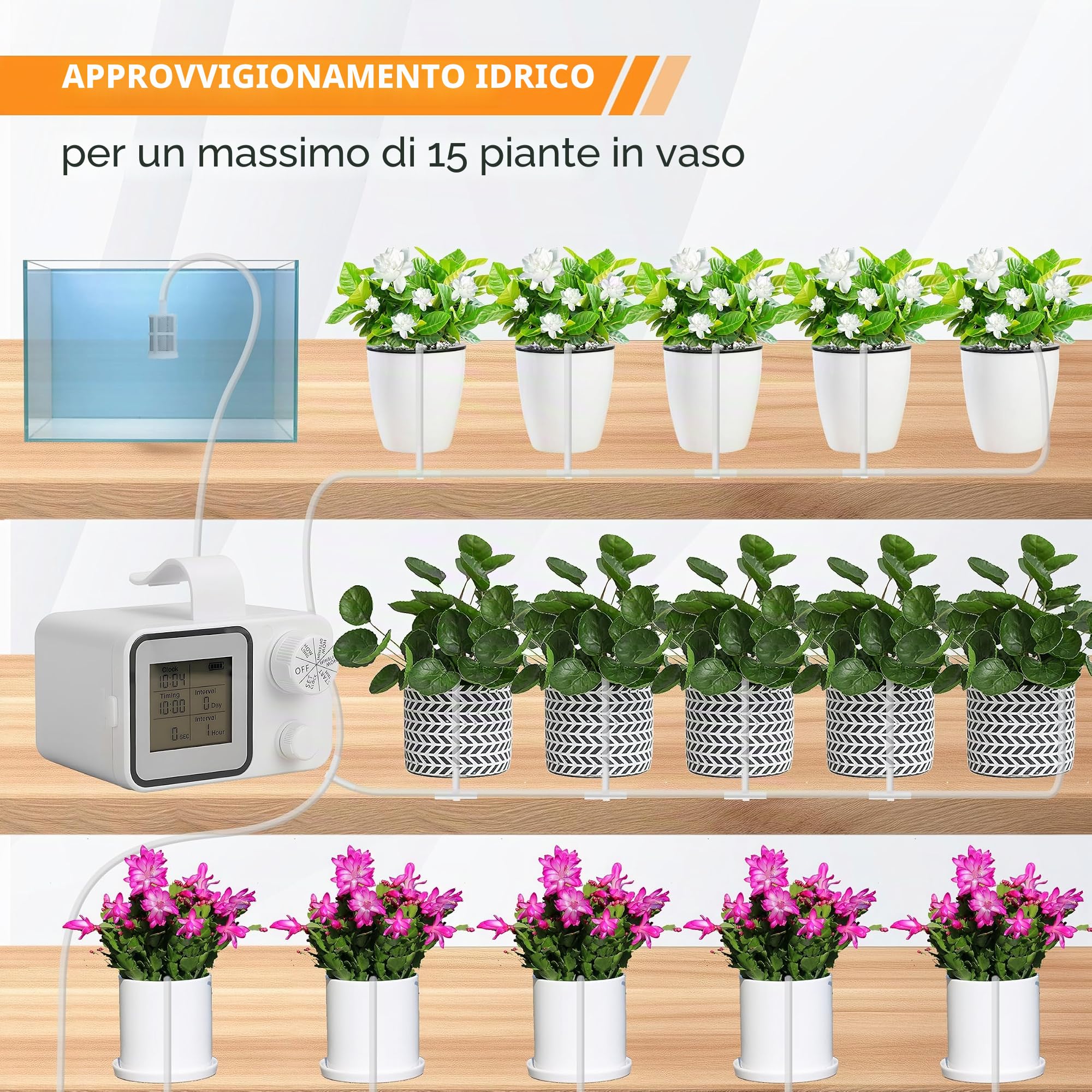 Irrigatore Automatico per Vasi, Sistema Irrigazione Balcone per 15 Piante, Impianto di Irrigapiante Balcone, Kit di Irrigazione a Goccia Automatica Intelligente