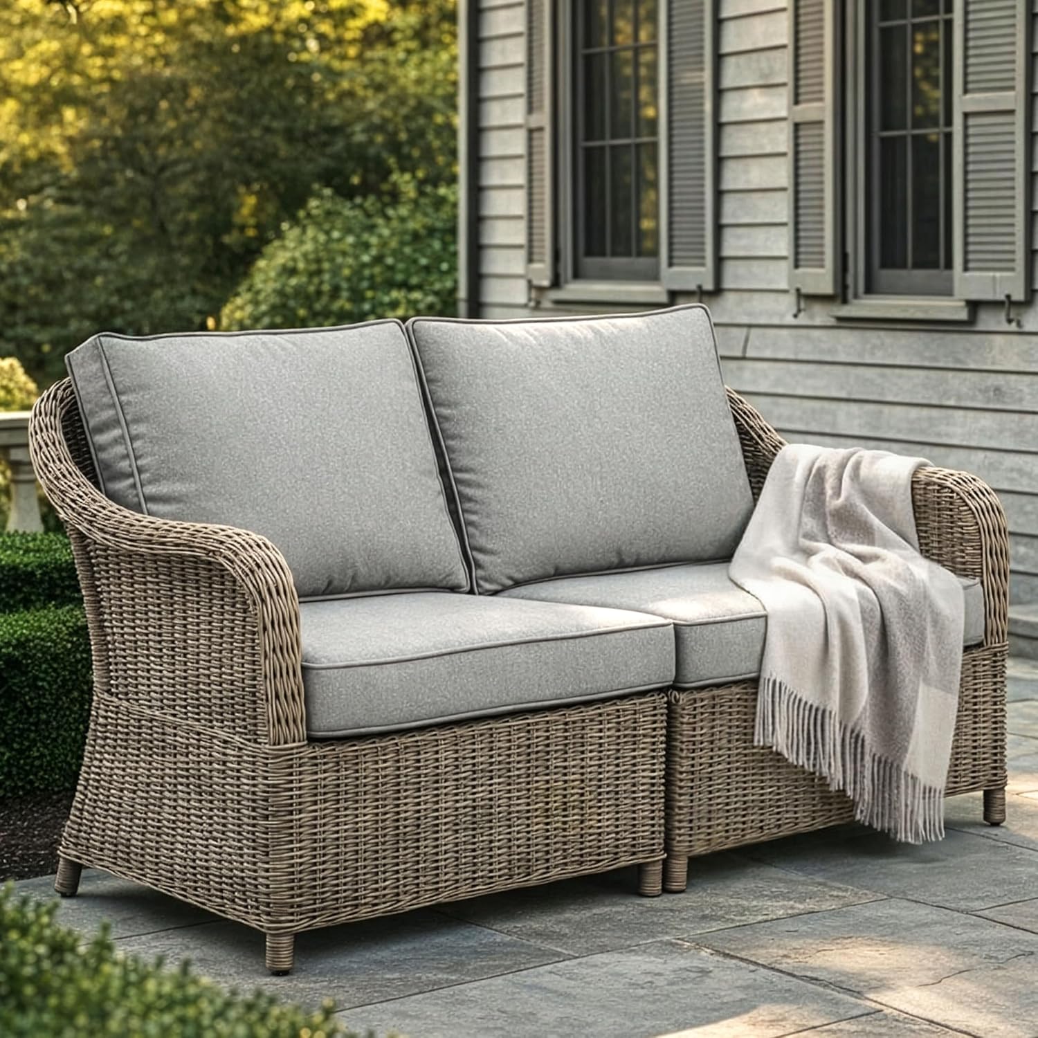 Martha Stewart Lily Pond Indoor-Outdoor Patio Loveseat in Weathered Gray Rattan Wicker with All-Weather Gray Back and Seat Cushions, 300 Lb. Static Weight Per Seat