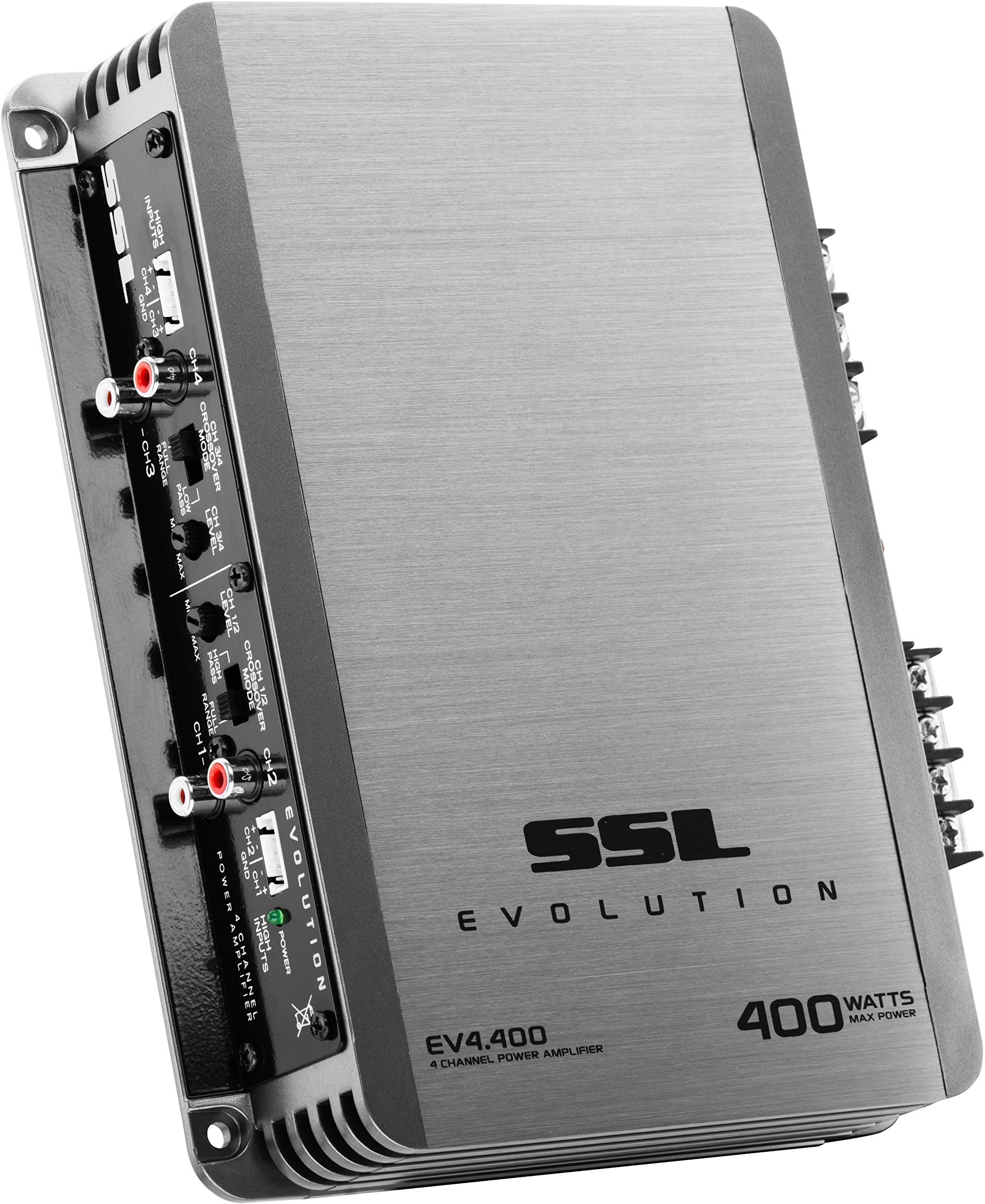 Sound Storm Laboratories EV4.400 4 Channel Car Audio Amplifier - 400 High Output, 2-8 Ohms, High/Low Level Inputs, Hook Up to Subwoofer for Bass