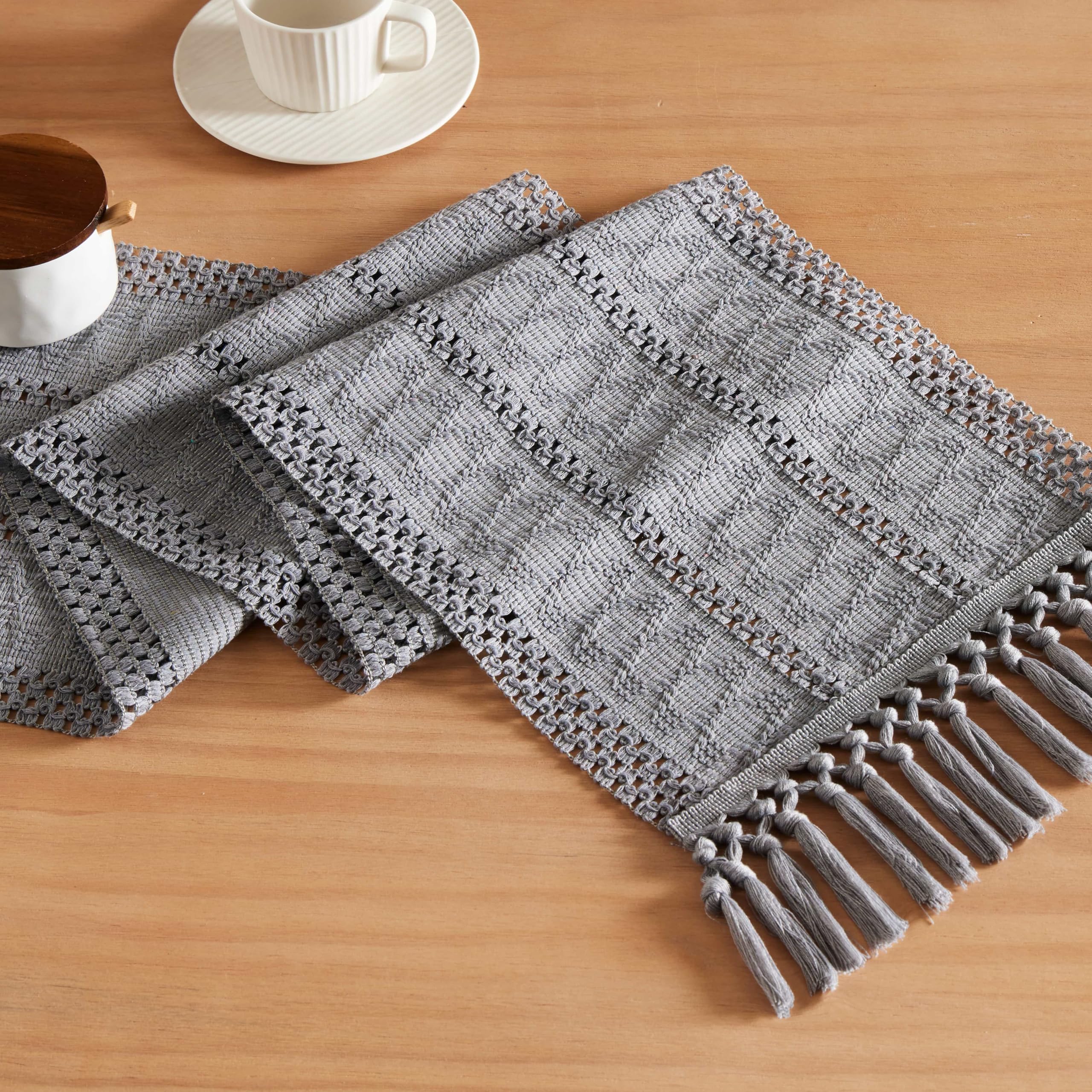 ZeeMart Macrame Style Boho Table Runner, Blue Grey Table Runners 60 Inches Long, Farmhouse Woven Home Decor, 12x60 Inch, Light Blue Grey