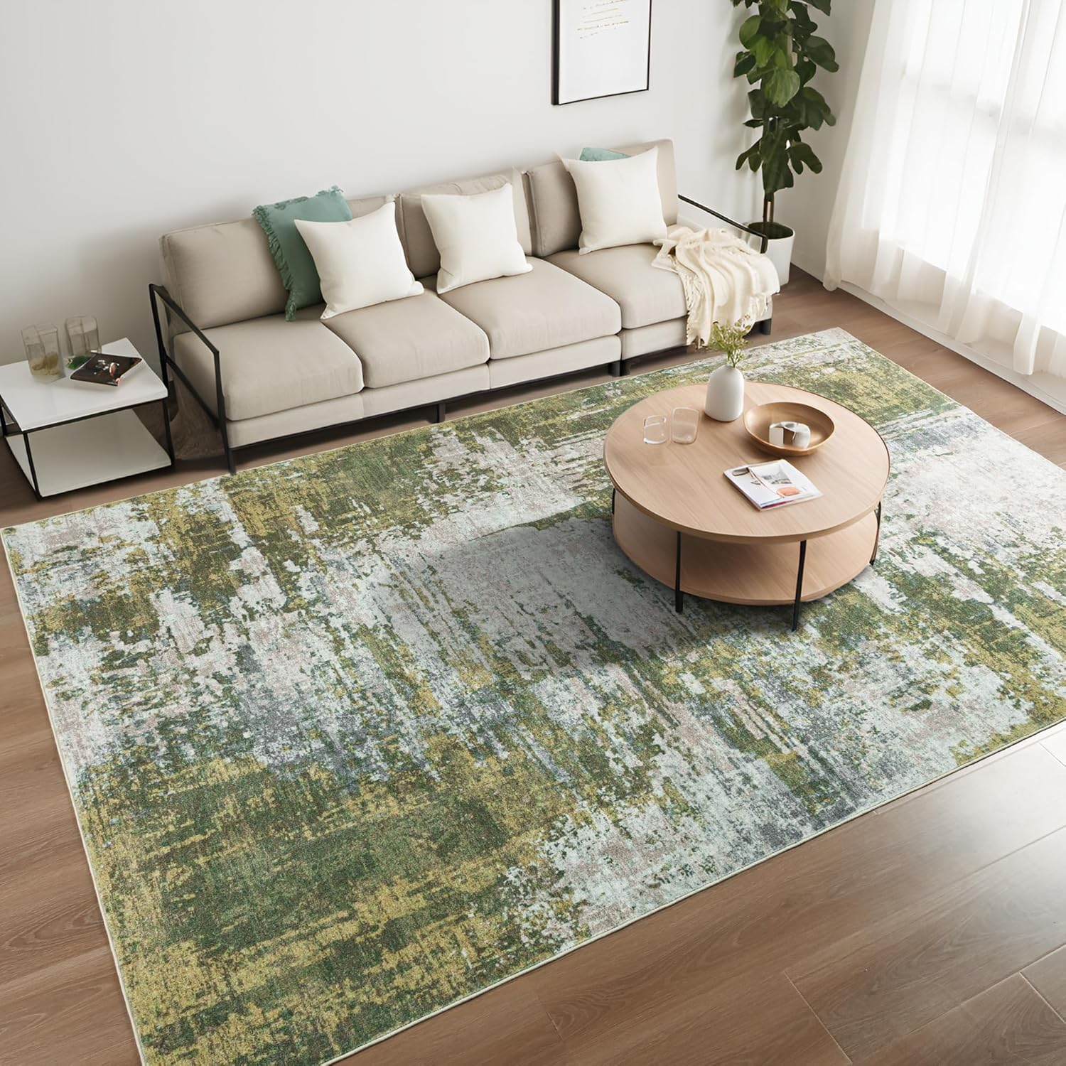 Merelax 6x9 Green Area Rugs for Living Room, Large Abstract Modern Machine Washable Rug for Bedroom Playroom, Boho Vintage Rugs for Dining Room Office Study Non Slip Carpet, Soft Low Pile Rugs