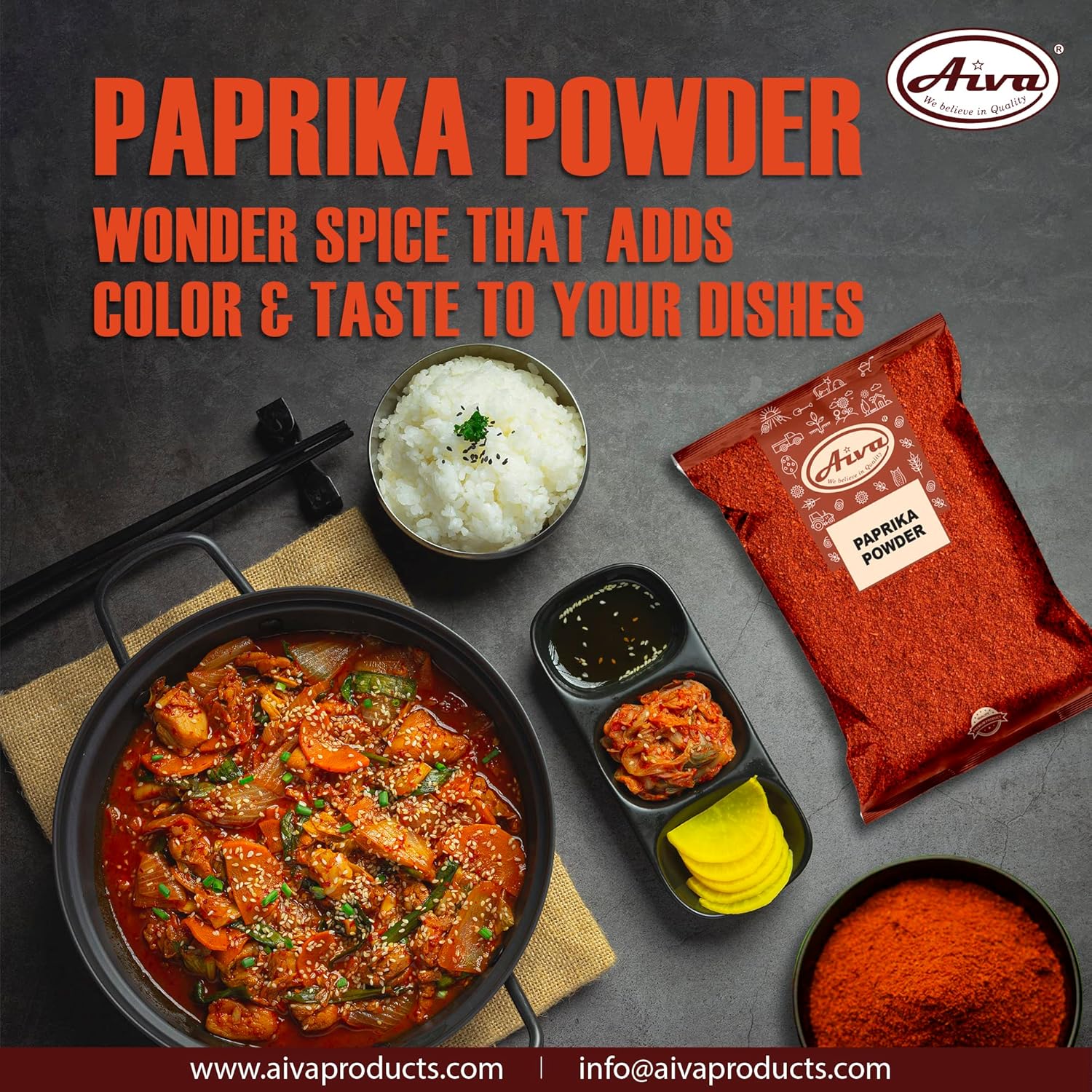 Aiva Paprika Ground Powder (Deggi Mirch) Spice (5 LB) – All-Natural, Salt-Free, Spice for Cooking, Seasoning, and Garnishing
