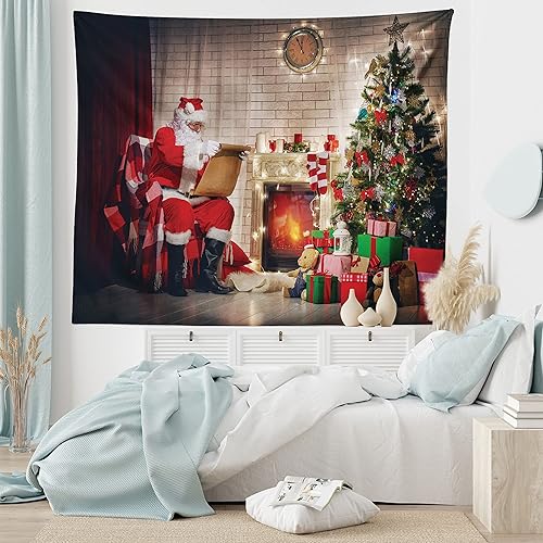 Miniatura 6 de Ambesonne Tapiz de Papá Noel, viejo Papá Noel sentado en casa en la noche de Navidad, leyendo una carta cerca del árbol, colgante de pared ancho