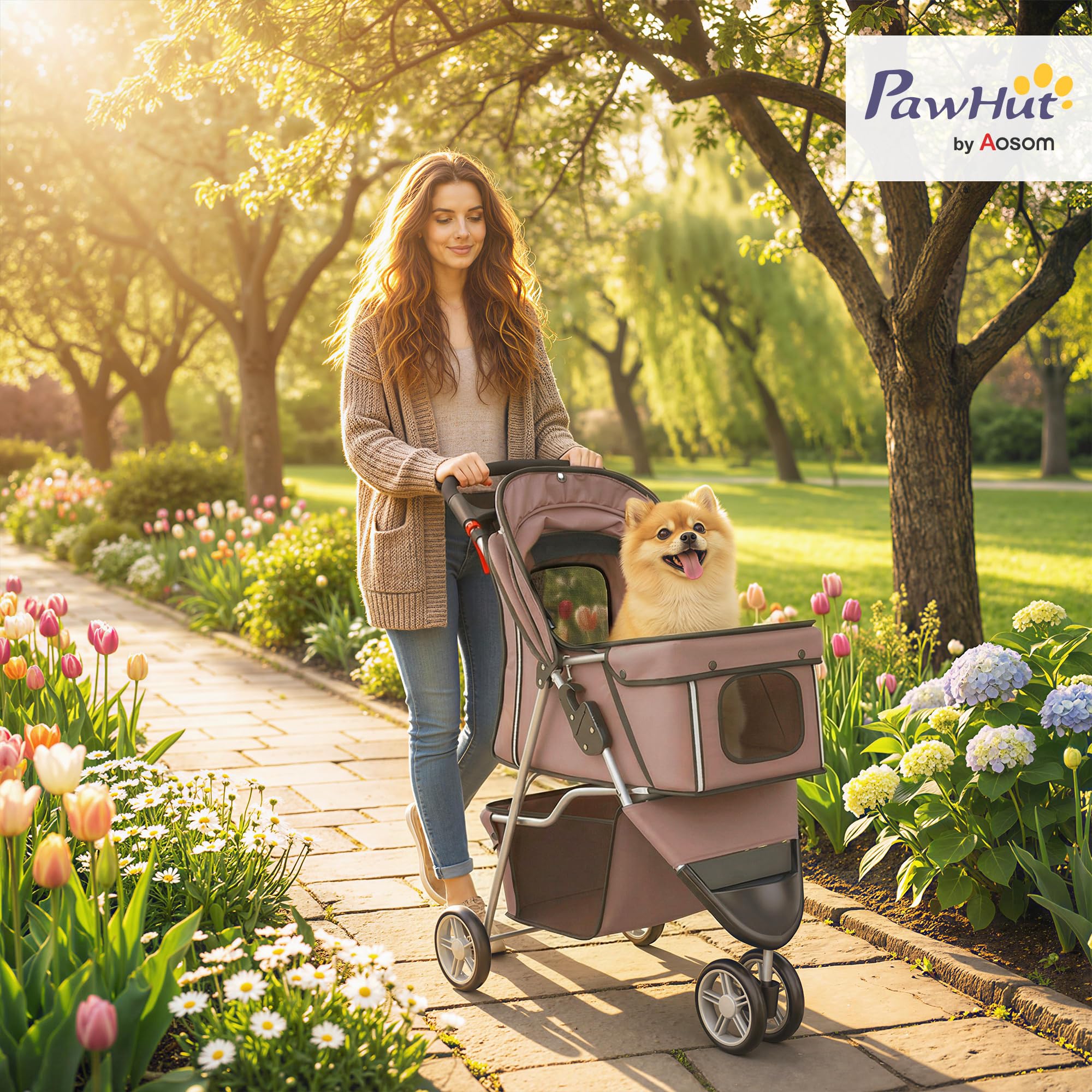 PawHut Poussette pour Chien 4 Roues, Chariot Pliable avec Frein, Auvent Réglable, Panier de Rangement, Porte-Gobelet, pour Petits Chiens et Animaux Agés, 77x44x102cm, Café