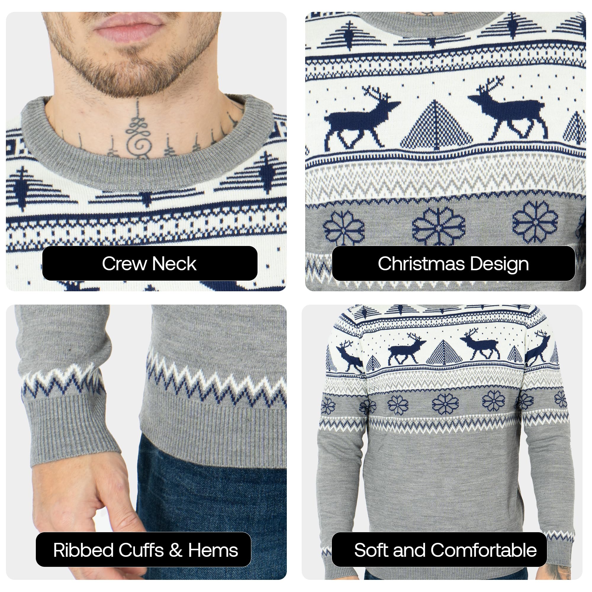 NOROZE Hombres Feliz Navidad Cremallera simulada Estilo nórdico Reno Alce Ciervo Embudo Cuello Redondo Festivo Jersey navideño Pullover Pull-Over Suéter