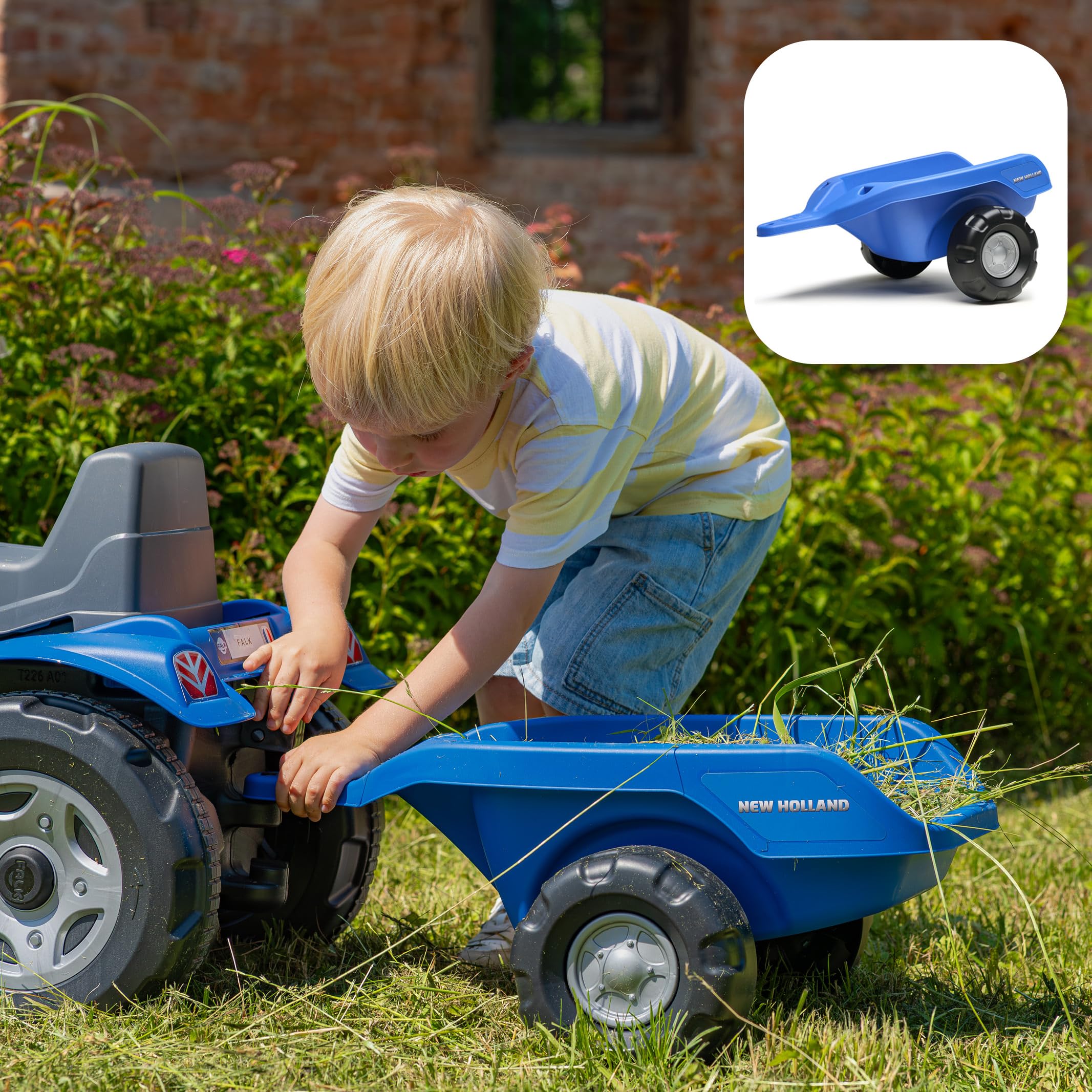 Falk Traktor mit Pedalen New Holland für Kinder, mit Anhänger, ab 2 Jahren | Haube zum Öffnen und verstellbarer Sitz