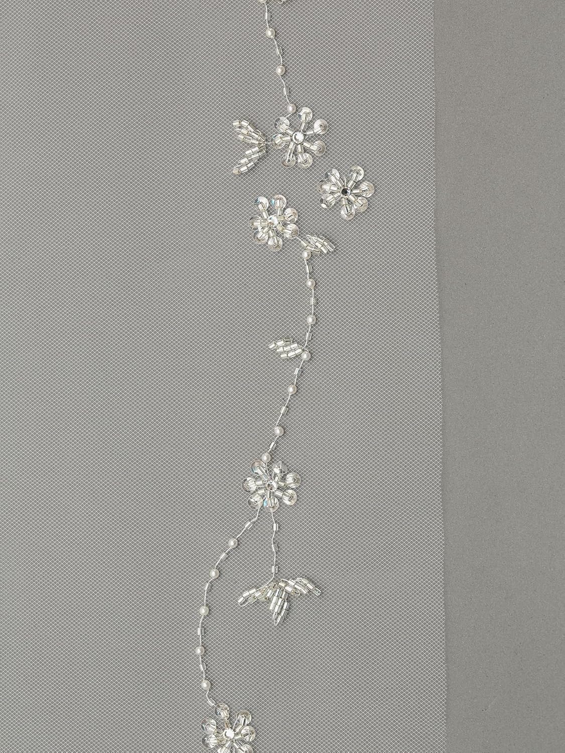 SAMKY 1T 1 Tier Offset Flower Vine Pearl Crystal Beaded Wedding Veil