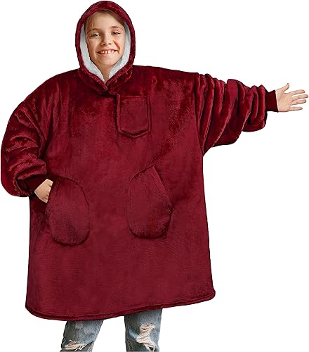 PAVILIA Manta de vestir para niños y niñas, cálida y acogedora sudadera con capucha gigante con dos bolsillos, forro polar Sherpa con capucha para