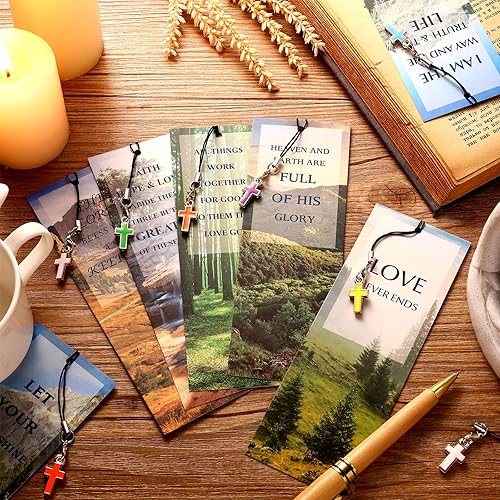 Miniatura 10 de 30 marcapáginas cristianas con colgantes de cruz, versículo de la Biblia, marcadores religiosos con citas inspiradoras, regalos de oración cristiana