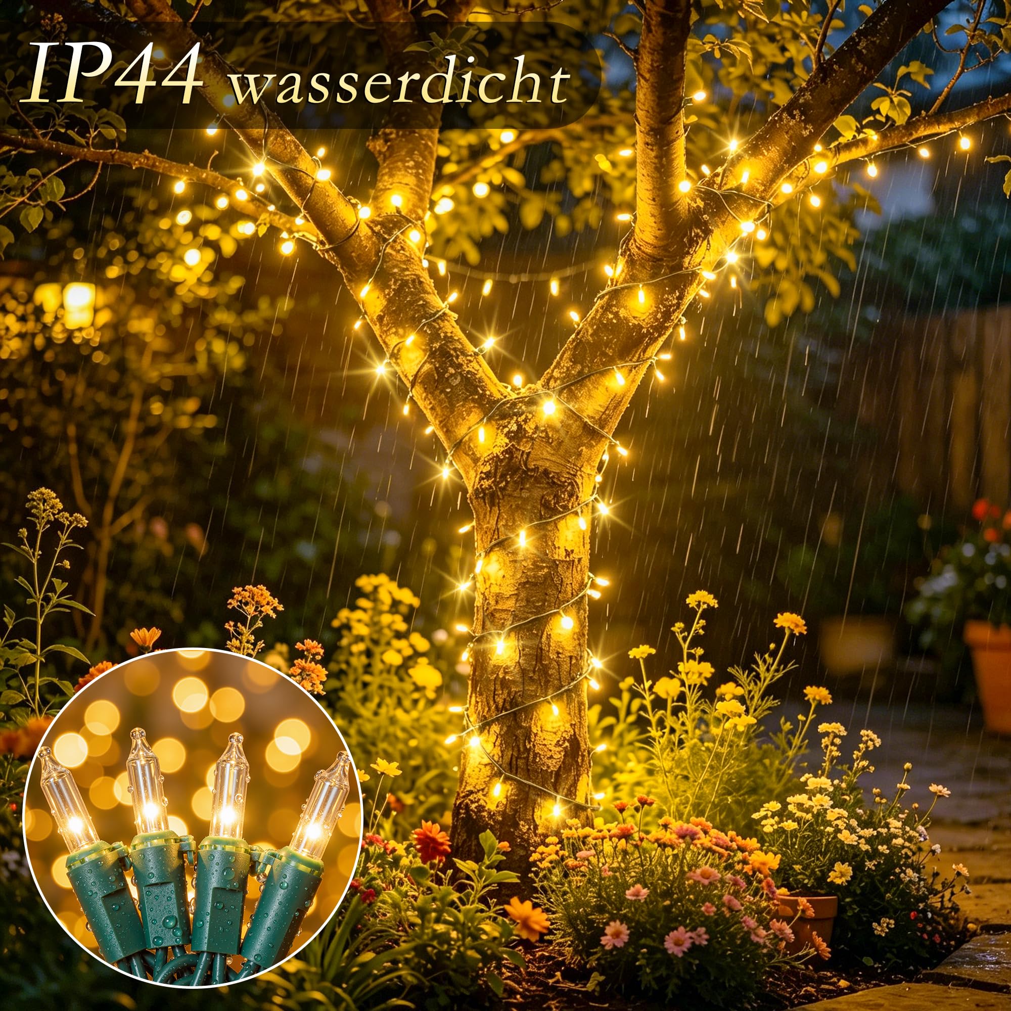 Cadena de luces para exteriores, blanco cálido, 25 m, 500 LED con cable verde, IP44, impermeable, regulable, 8 modos, temporizador y mando a distancia, cadena de luces para jardín, balcón