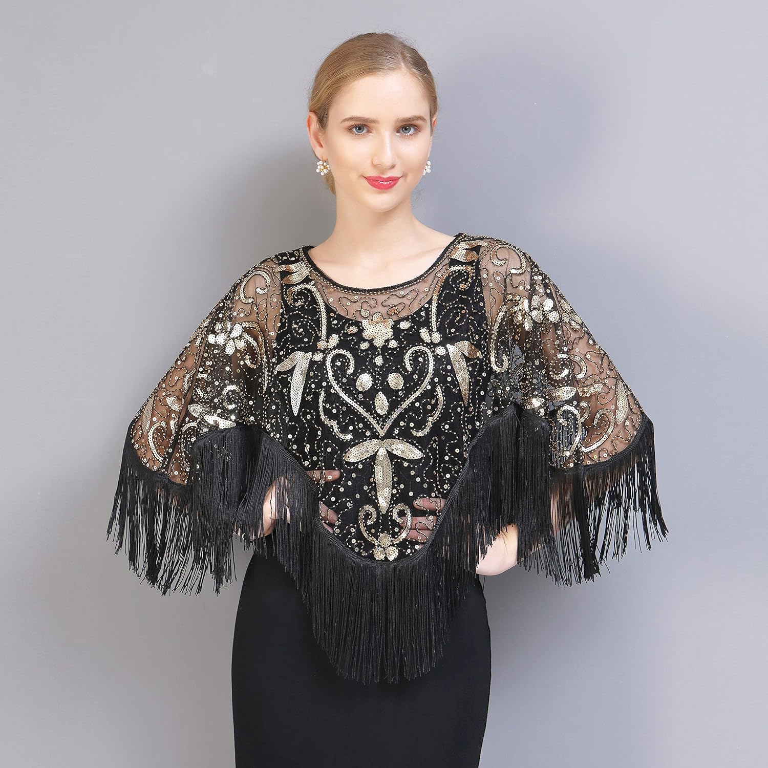 1920s Shawl Wraps Sequin Beaded Evening Cape for Gatsby Party Bridal Shawl Women Evening Cape Flapper Cover Up - Image 2