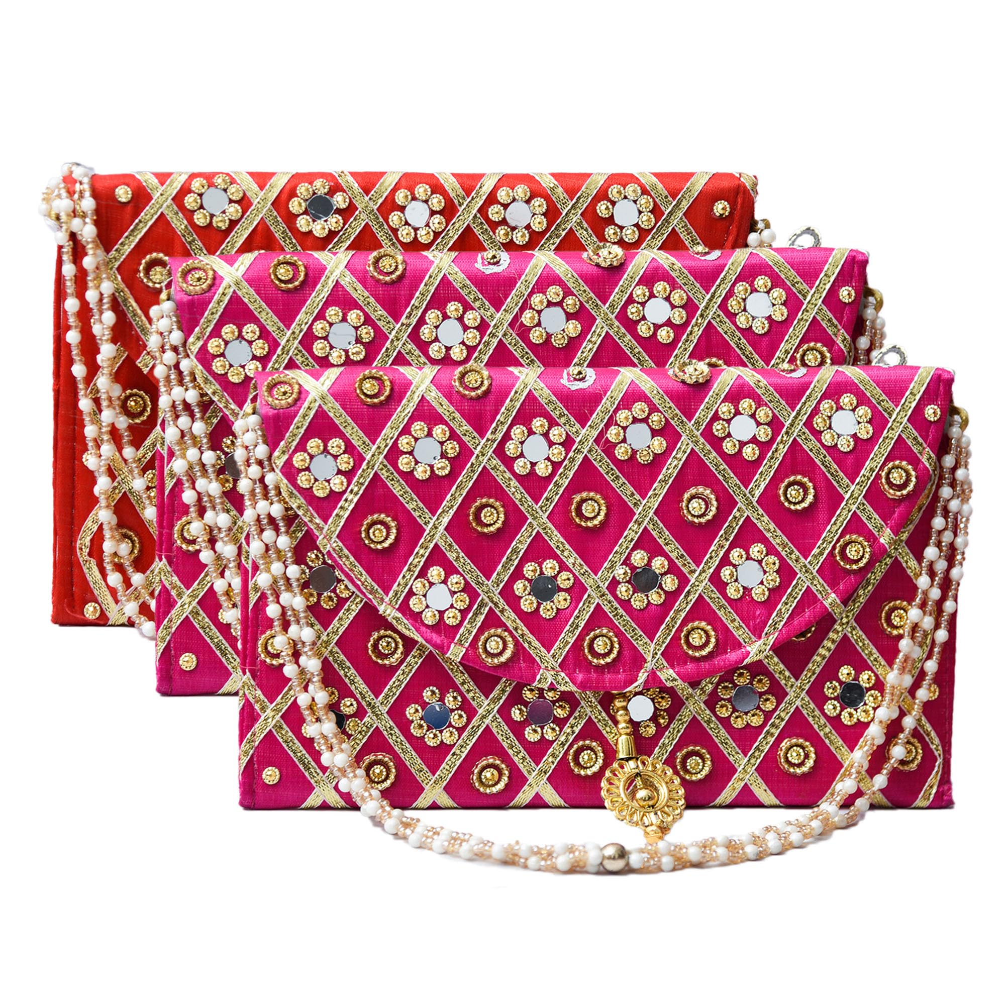 Clutch Purse | Hand Purse | Ladies Hand Purse with Handle | Traditional Shagun Purse | Baby Shower Purse | Gifting Clutch Purse | Mirror Check Purse | Pack of 3 | Multicolor-image-13