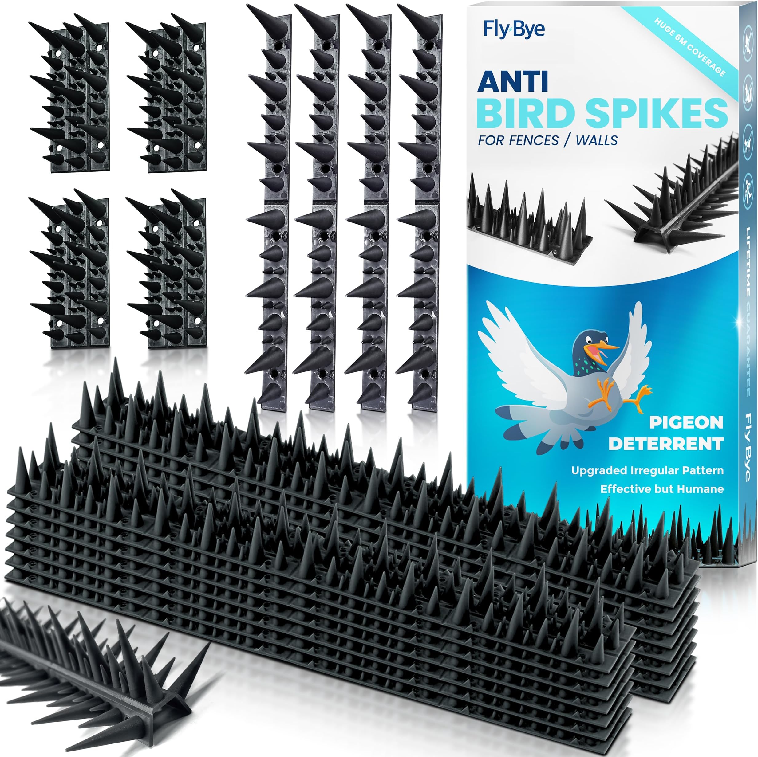 Fly-ByeAnti Bird Spikes - Huge 6m Coverage with 1300 Spikes - Pigeon Deterrent - Wall & Fence Spikes for Cats & Birds - Anti Pigeon Spikes - Upgraded Irregular Pattern Bird Spikes for Pigeons