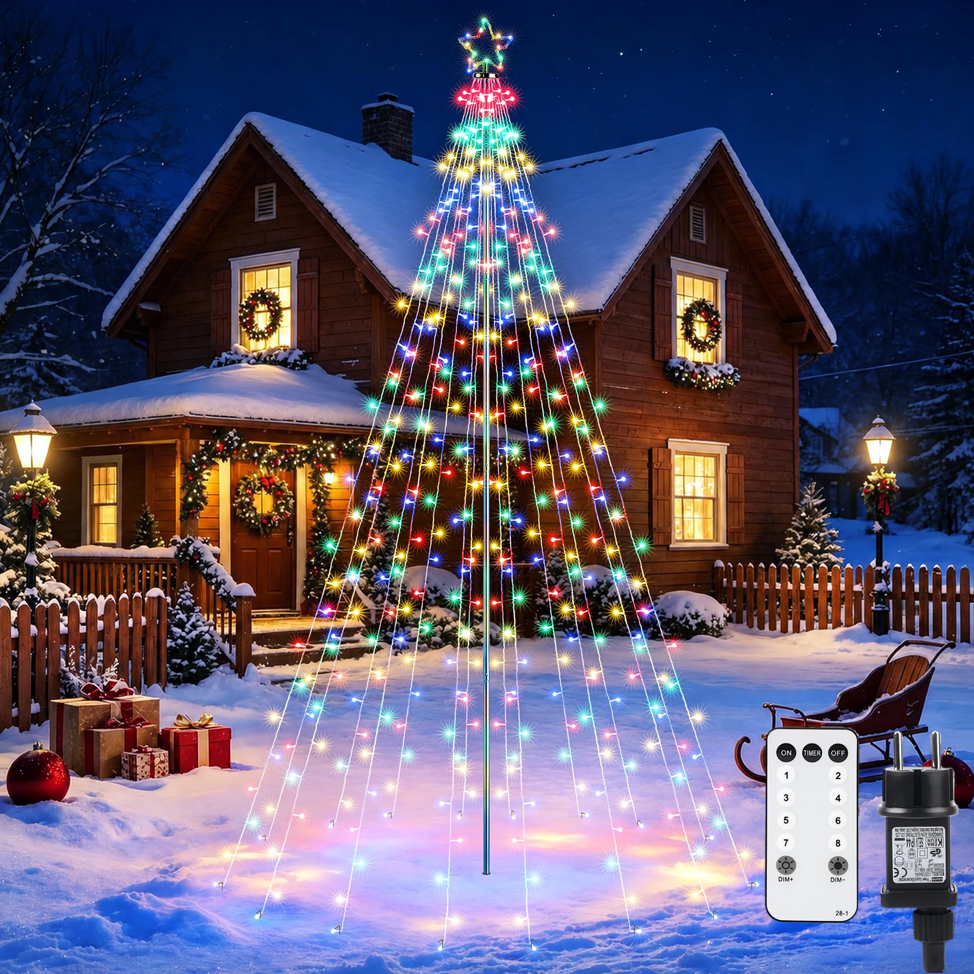 Joomer Weihnachtsbeleuchtung Außen 274 LED Weihnachtsbaum Outdoor 2,3M | Bunt Christbaumbeleuchtung mit Sterne Weihnachtsdeko mit Fernbedienung 8 Modi Lichterkette Außen Dimmbar für Rasen Garten