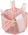 Annova Mesh Desk Organizer Rotate with 5 Compartments Spinning Tidy Candy/Pen Holder Office, Art Supply, Storage, Classroom, Home (Light Pink)