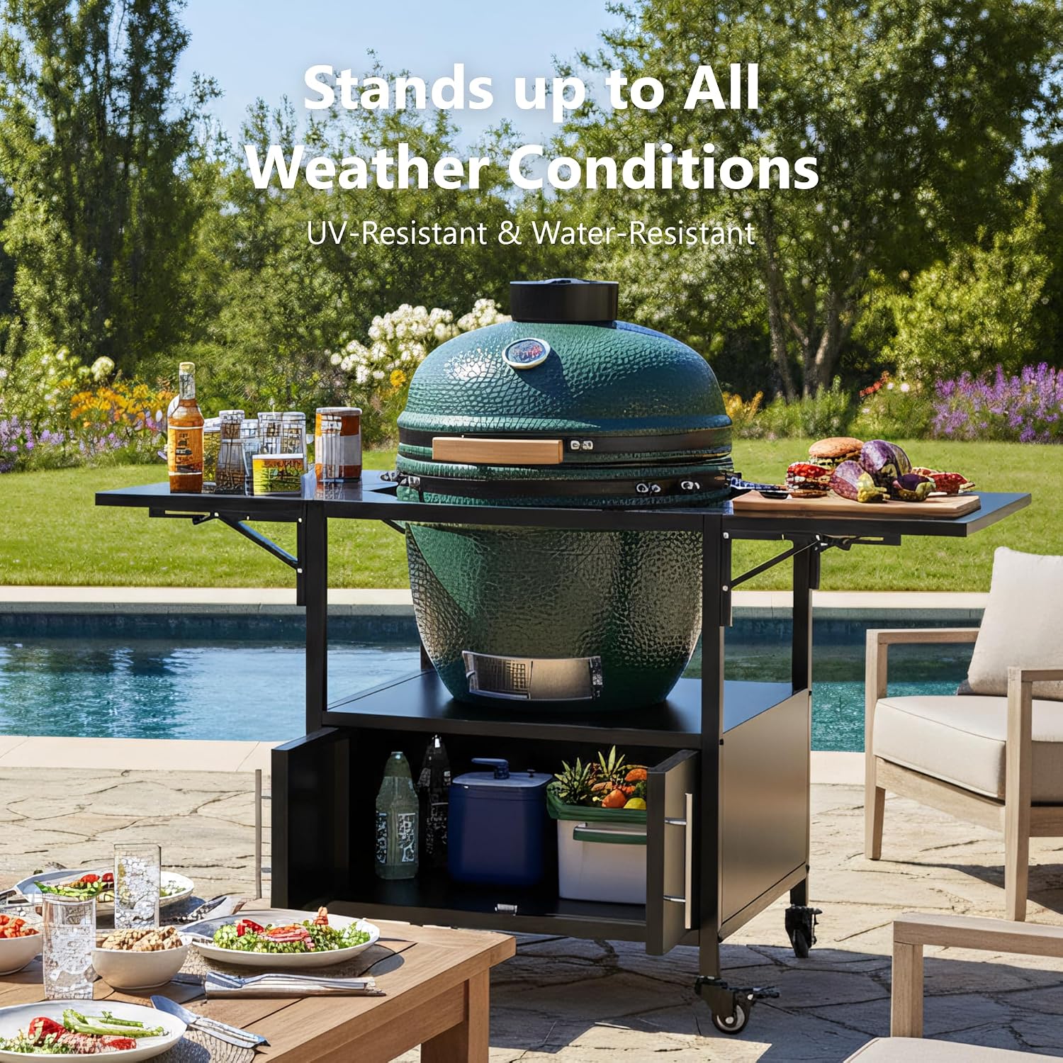Outdoor Grill Cart for Big Green Egg Style BBQ, Metal Grill Table with 2 Folding Panels, Compatible with up to Large Green Egg, Kamado Joe Jr