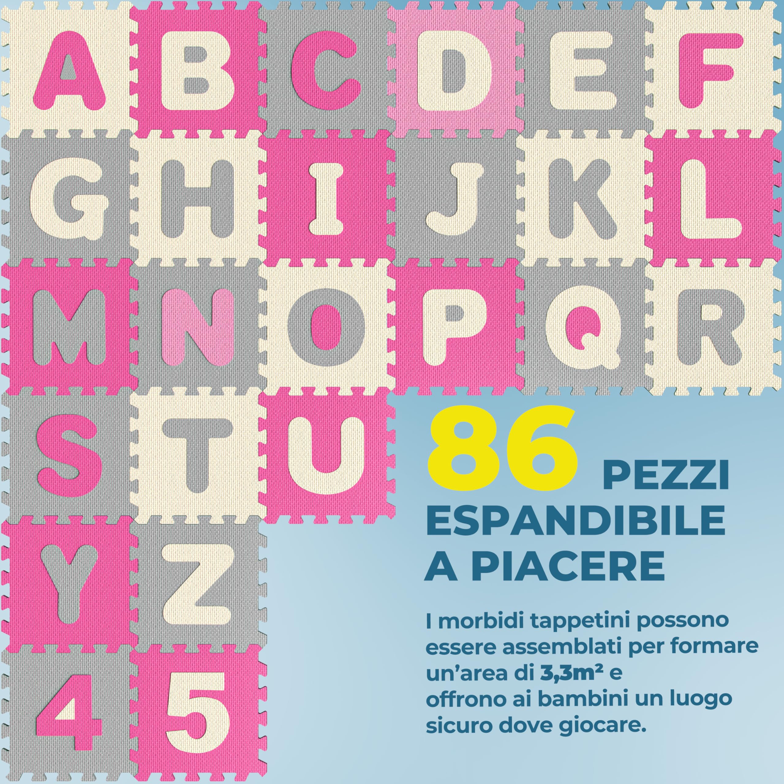 Spielwerk® Tappeto Puzzle XXL 86 Pz per Bambini 3,3m² Tappetino per Gattonare Lettere Numeri Apprendimento Gommapiuma