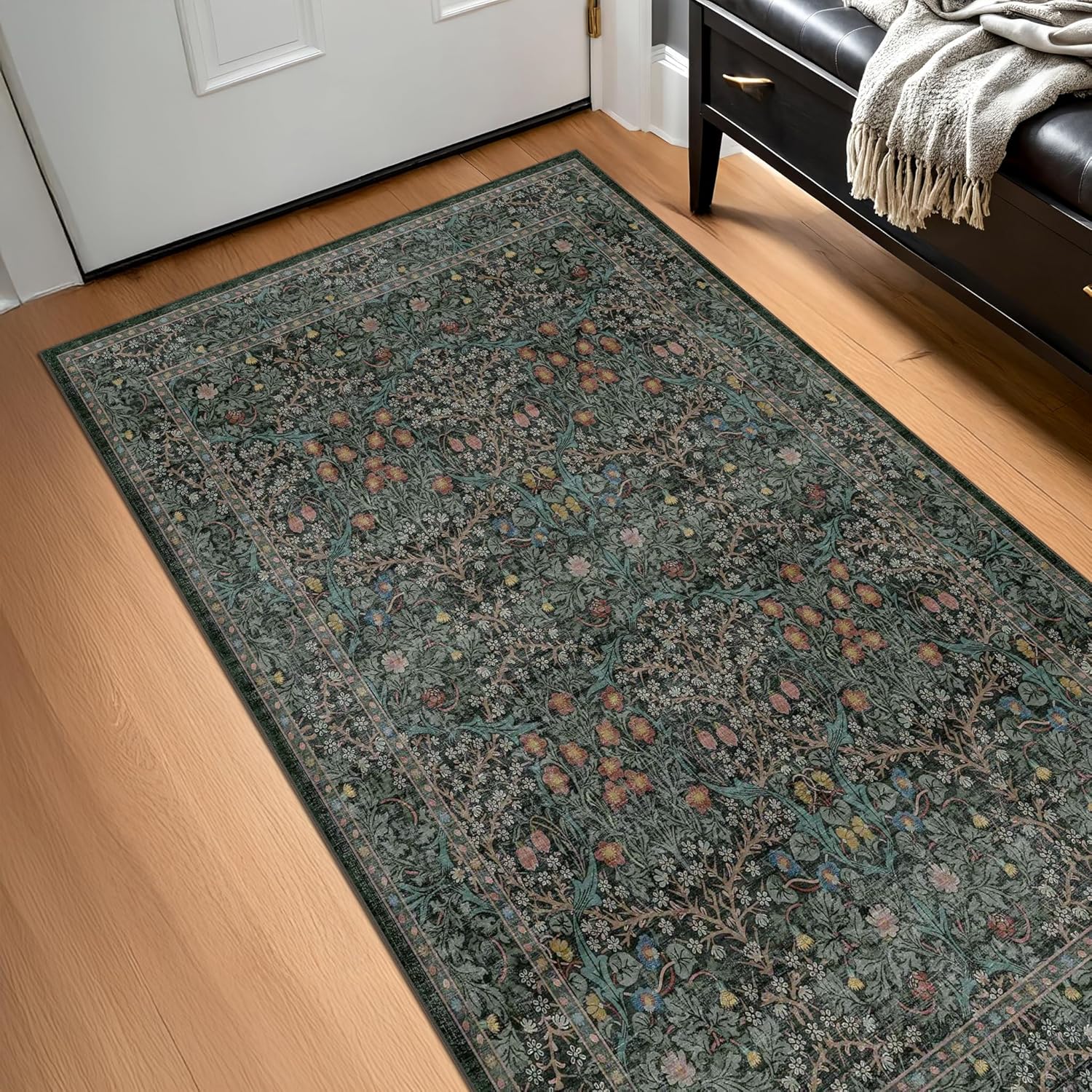 Vintage Floral Dark Green 3x5 Area Rugs for Entryway, Kitchen, Bedroom Beside Rug, Laundry Room, Non-Slip Low Pile Ultra Soft Stain Resistant Small Carpet - Image 8