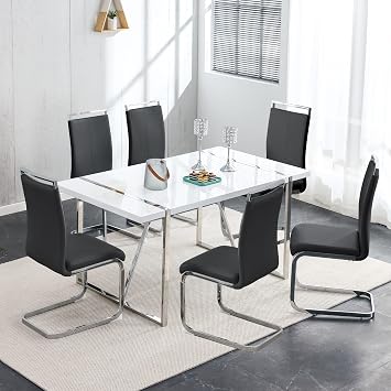 Dining Table Set for 6, 1.5 in Thickened Density Board with Metal Frame Table and PU Leather Fabric Padded Seat Chairs,Kitchen Table and Chairs for 6