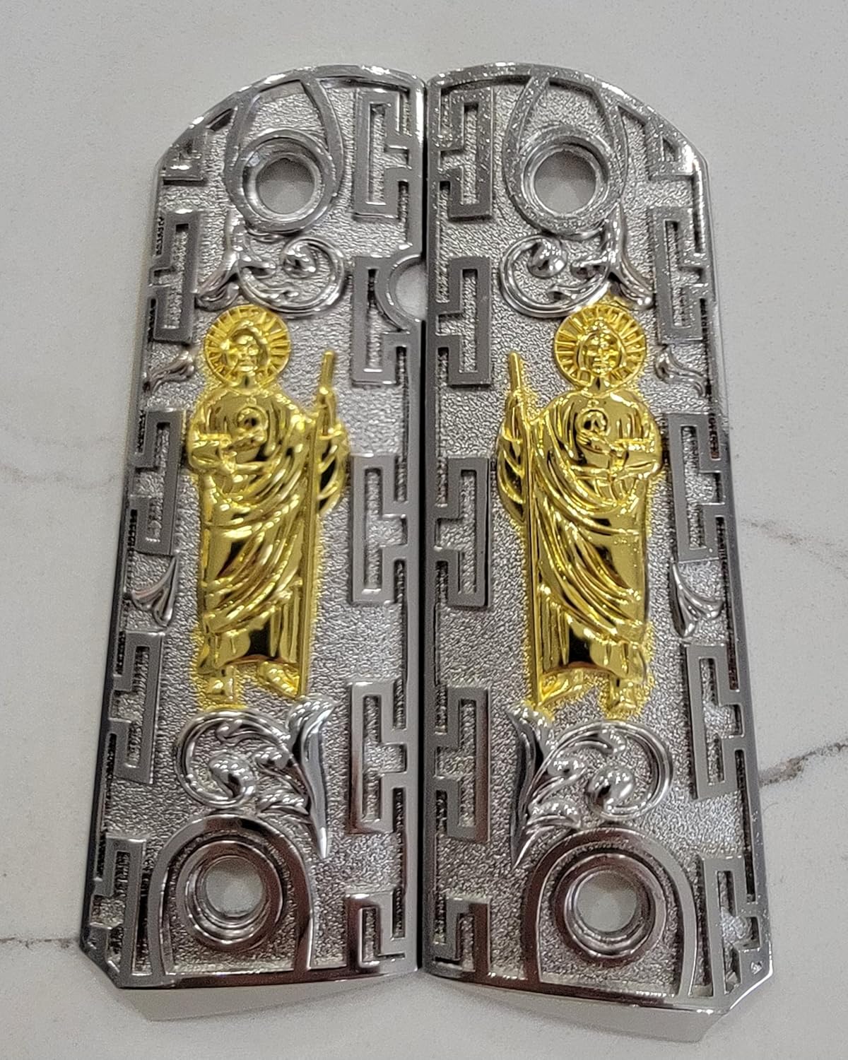 1911 Grips SAN Judas ST. Jude Full Size Grips Government Ambi Cut Nickel/Gold