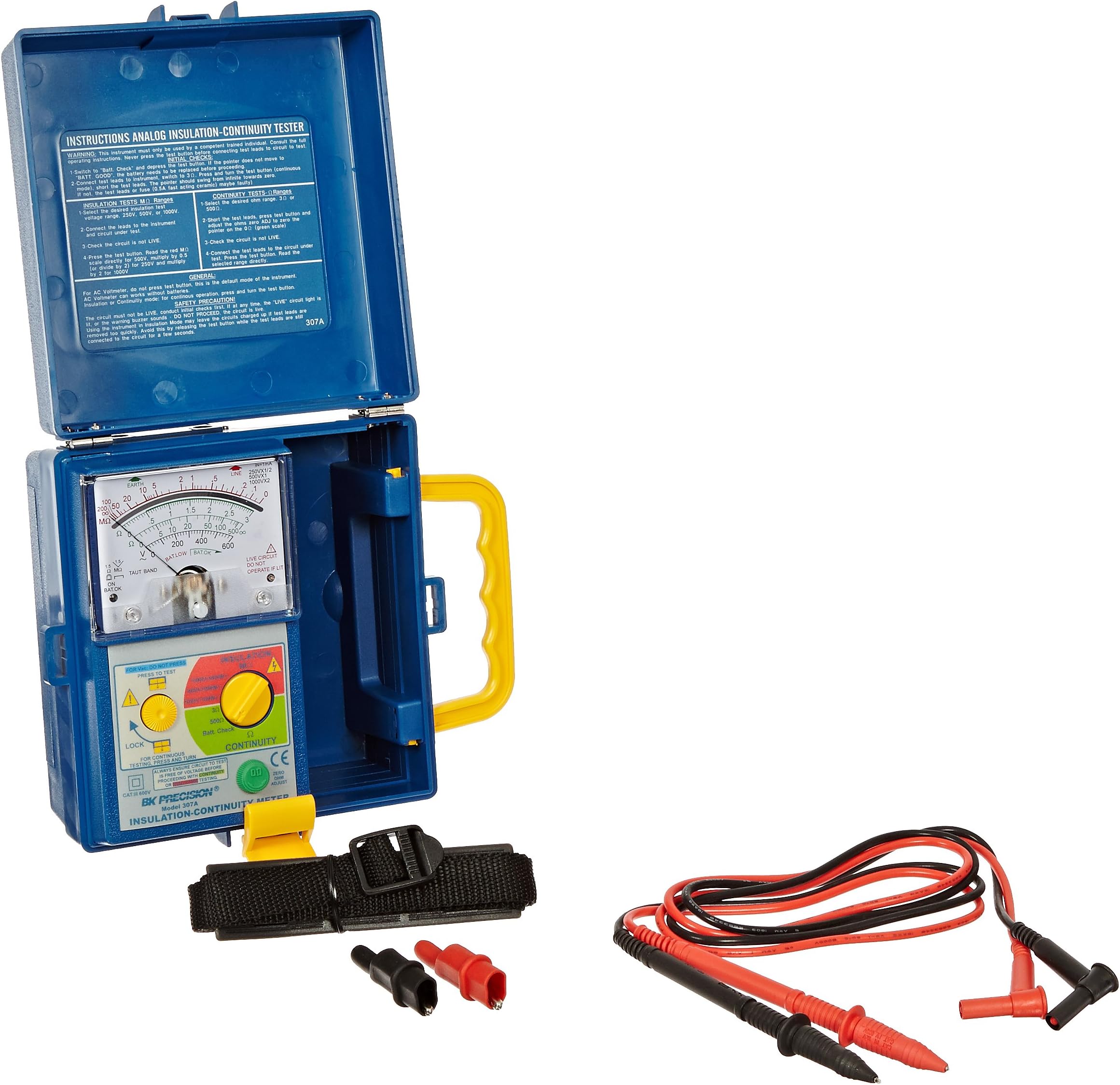 B&K Precision 307A Analog Megohmmeter Insulation and Continuity Tester, 250/500/1000V Test Voltages, 400 Megohms Insulation Resistance, 500 Ohms Low-Resistance, 600V Voltage Detection