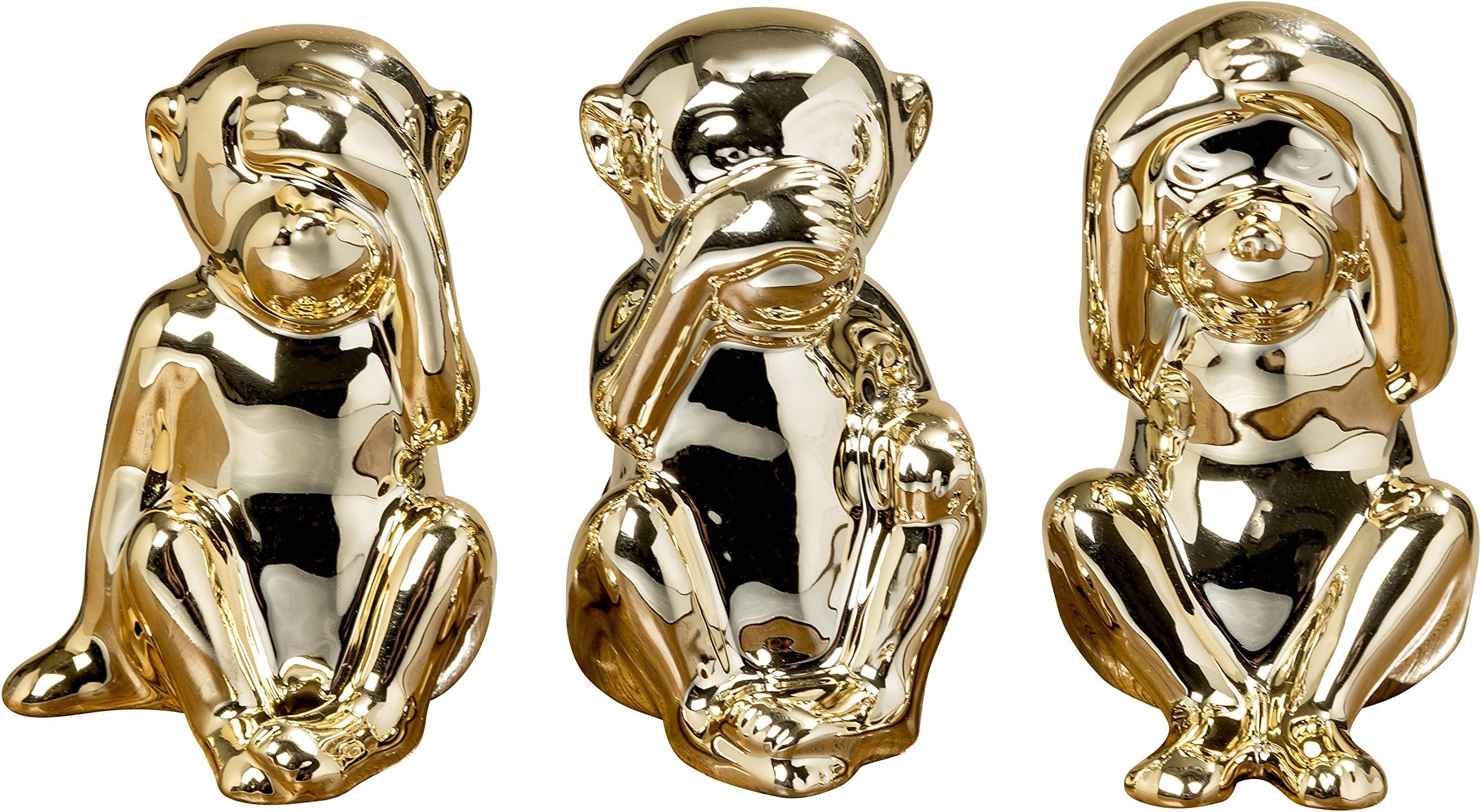 WHW Whole House Worlds 3 Piece Wise Little Monkeys, 3 Piece Figurine Set, Hear No Evil, Speak No Evil, See No Evil, Brilliant Gold Glaze, Fine Porcelain, Each 3 Inches Tall