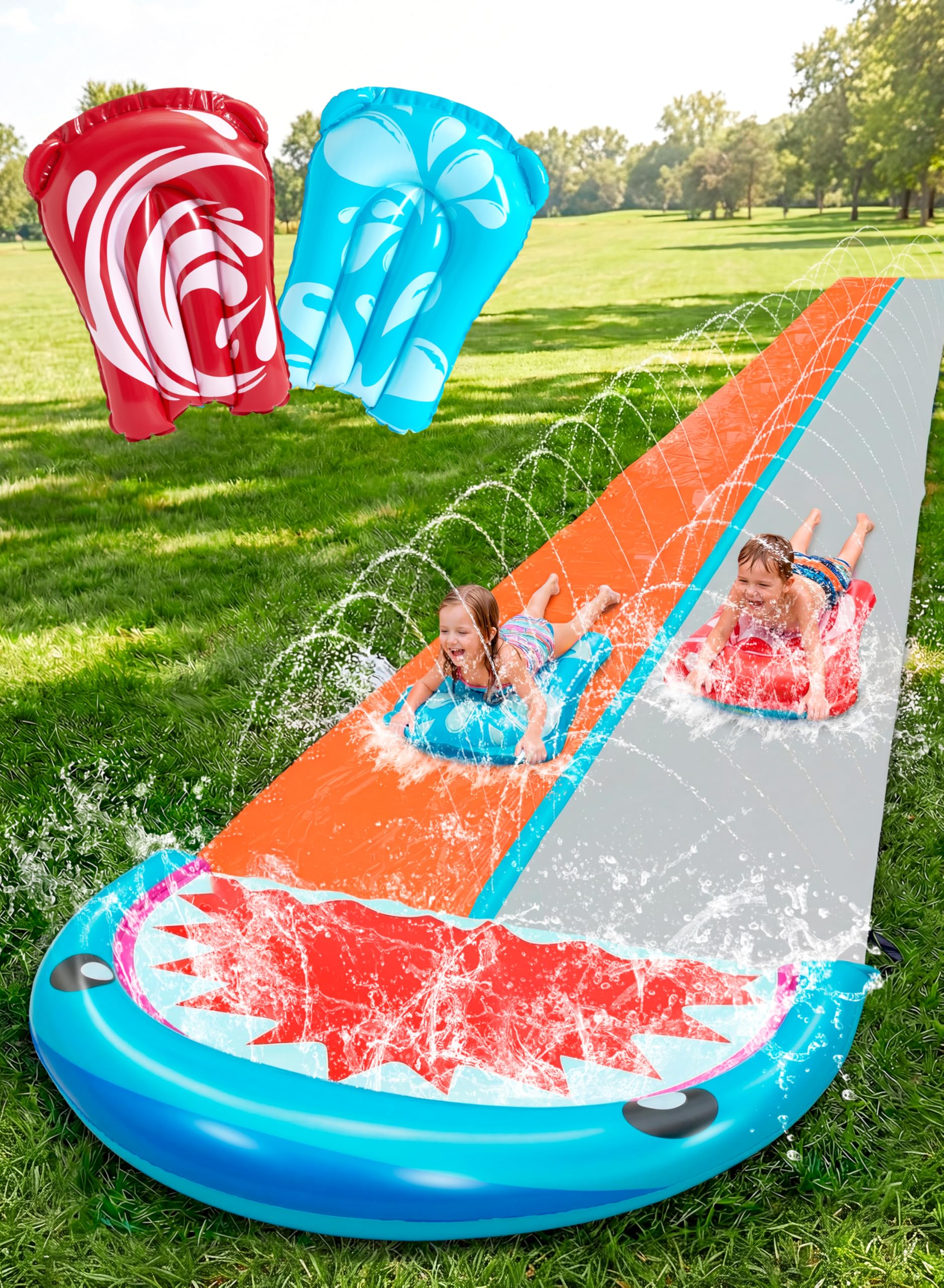 Sloosh 22,5ft/685,8cm Tobogán de Agua con 2 Tablas inflables, tobogán de césped de Doble Carril con rociadores avanzados, Juguete de Verano para niños y Adultos, diversión en el jardín, Tiburón