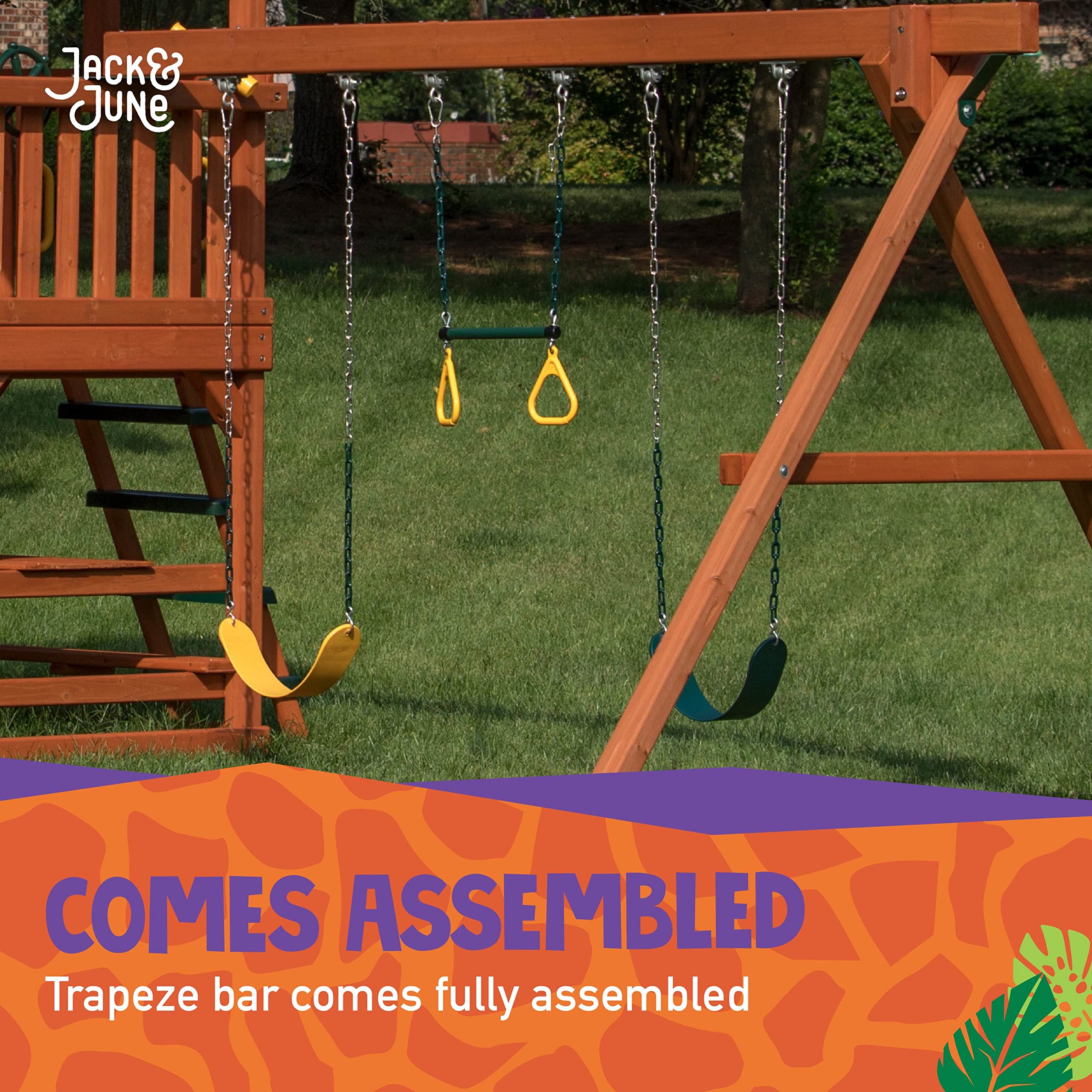 Jack and June Set da gioco durevole con barra trapezio e altalena combinata con grandi catene da 127 cm