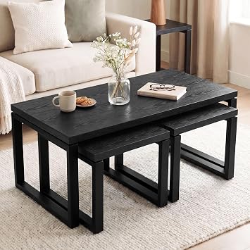Blisswood Industrial 3 Piece Nest of Tables Set of 3, Modern Coffee Table & Side Table Set with Metal Legs, Stackable Thick Wood Effect Top & Compact Nesting Design for Living Room & Lounge, Black