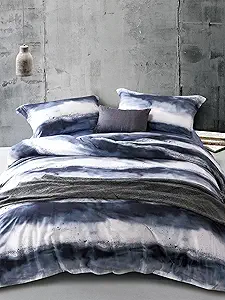 MILDLY 100% Long-Staple Cotton Duvet Cover Set Navy & White Striped Watercolor Pattern Printed Comforter Cover 3pcs, Ultra Soft & Breathable Bedding Set