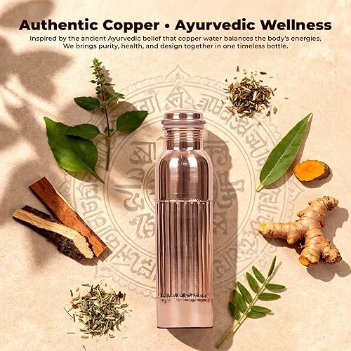 Miniatura 9 de Botella de agua de cobre antiguo para beber, recipiente de cobre de 32 onzas con bolsa de transporte de lona, botella ayurvédica grande para Botella