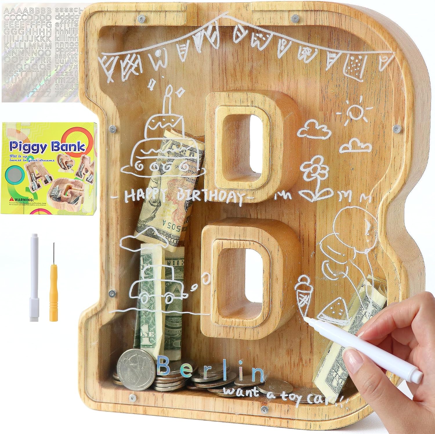 weallbuy Large Letter Piggy Bank for Kids Boys Girls Wooden Personalized Piggy Banks A-Z with Target Area Clear Alphabet Banknote Coin Banks for Gift Decoration Baptism (F)