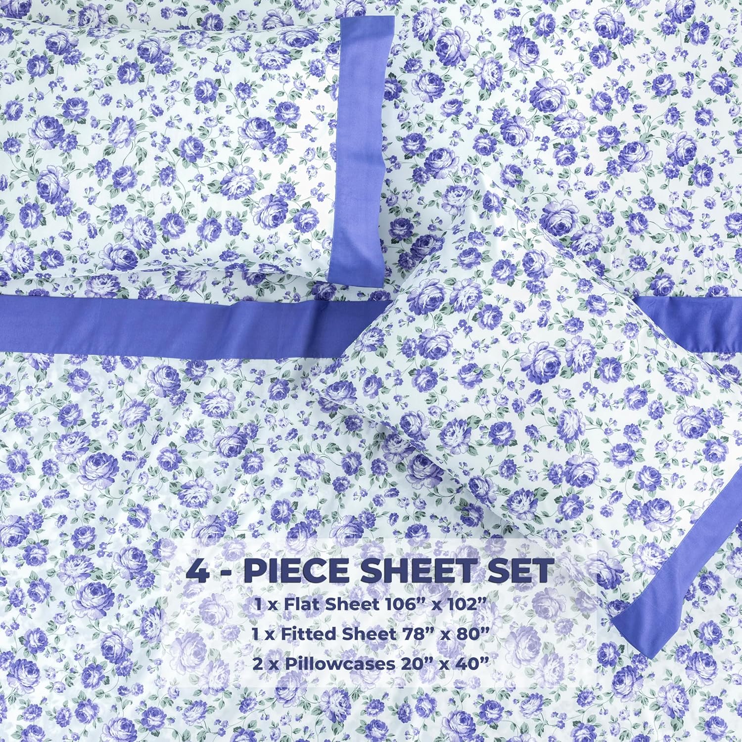 Dreamology Sheet Set - 4 Piece Ultra-Soft Microfiber Bed Sheets with Flat Sheet, 16 Inches Deep Pocket Fitted Sheet & Pillowcases, Breathable, Bedroom Decor (Purple Blossom, King) - Image 4