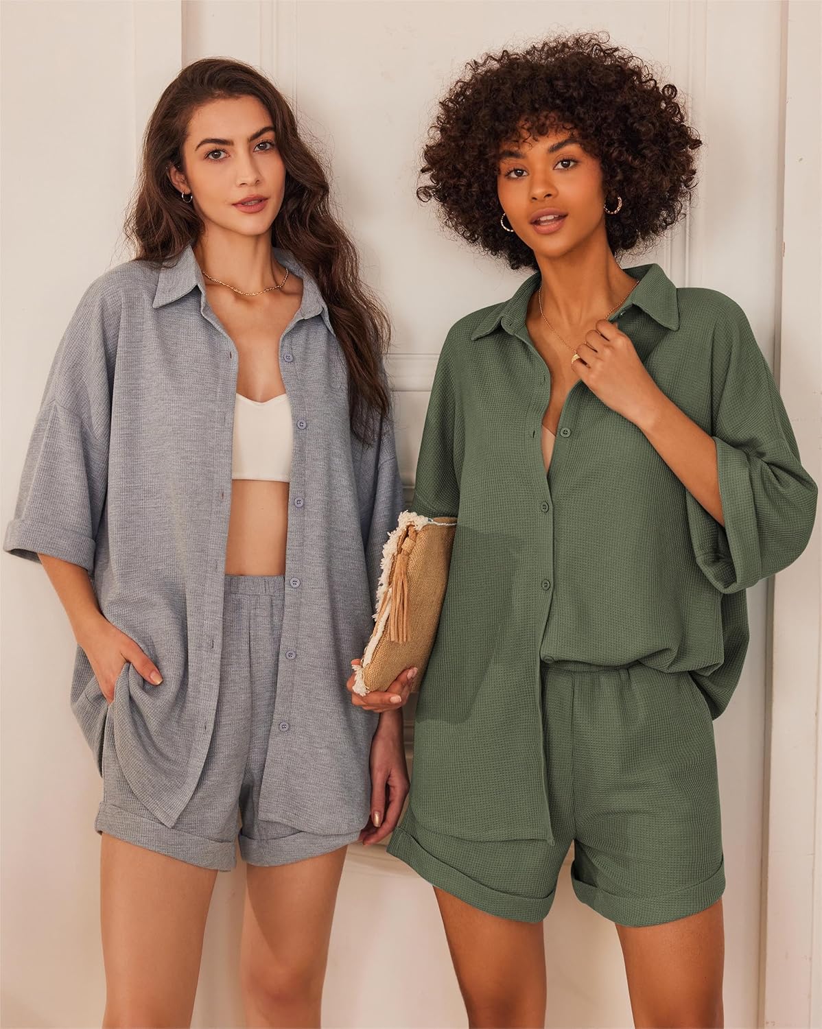 Ekouaer Waffle Knit Lounge Sets for Women Short Sleeve Pajamas Button Down Pjs Oversized Loungewear Shorts Set - Image 5