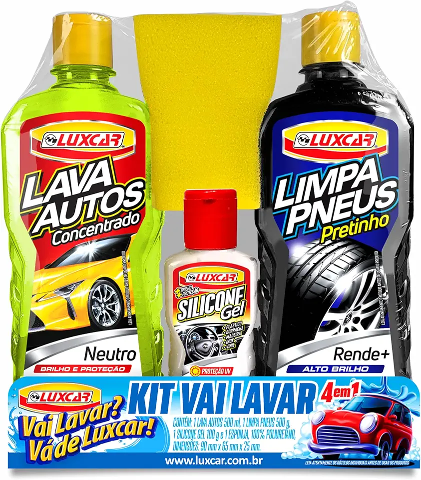 Luxcar Kit Vai Lavar 4 em 1: Shampoo 500 ml + Limpa Pneus 500 ml + Silicone 100 ml