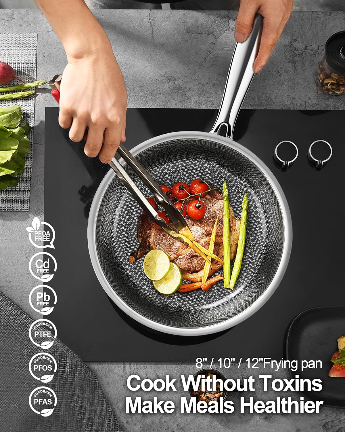 FogDream 3 Pcs Non Stick Frying Pans without Lids, 8, 10 & 12 Inch Stainless Steel Skillets, Tri-Ply Stainless Steel for All Cooktops, Dishwasher & Oven-Safe Cooking Pan, Stay-Cool Handle, Silver - Image 4