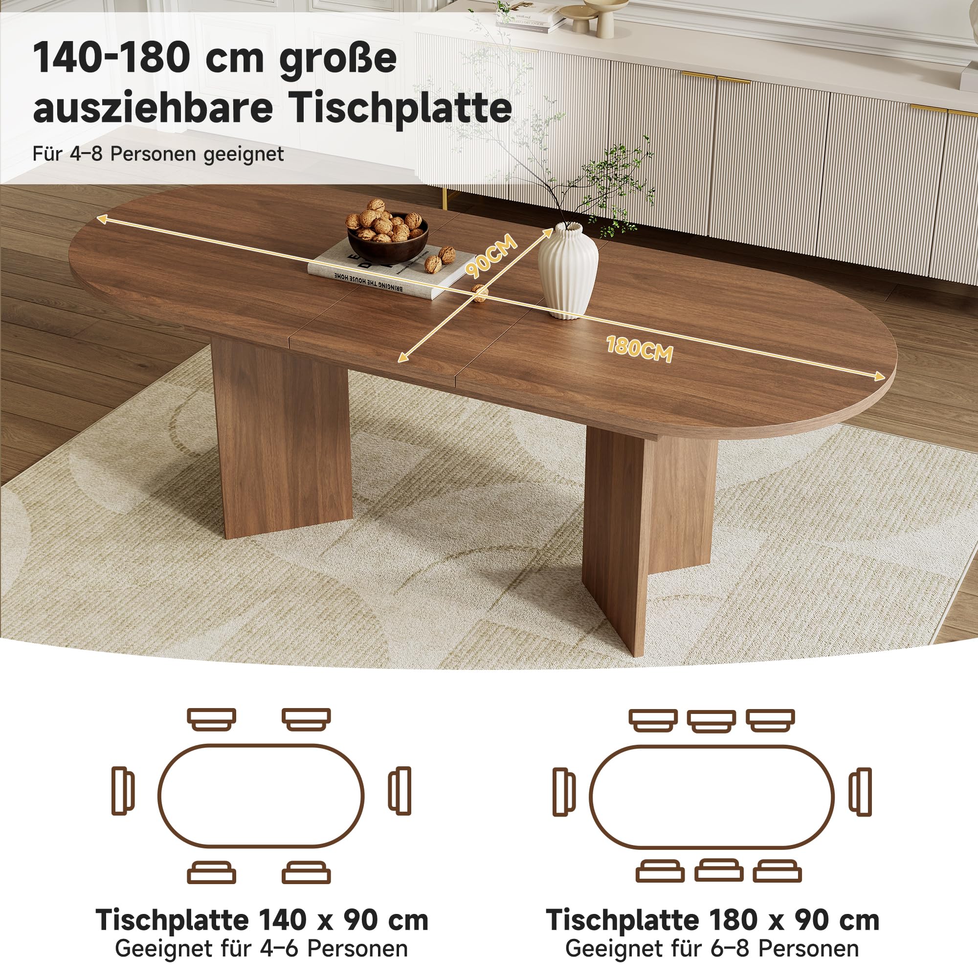 Kebnor Mesa de comedor extensible, adecuada para 6 – 8 personas, mesa de comedor con esquinas redondeadas, parte superior de la mesa gruesa extensible estilo simple (nogal, 140/180 x 90 cm)
