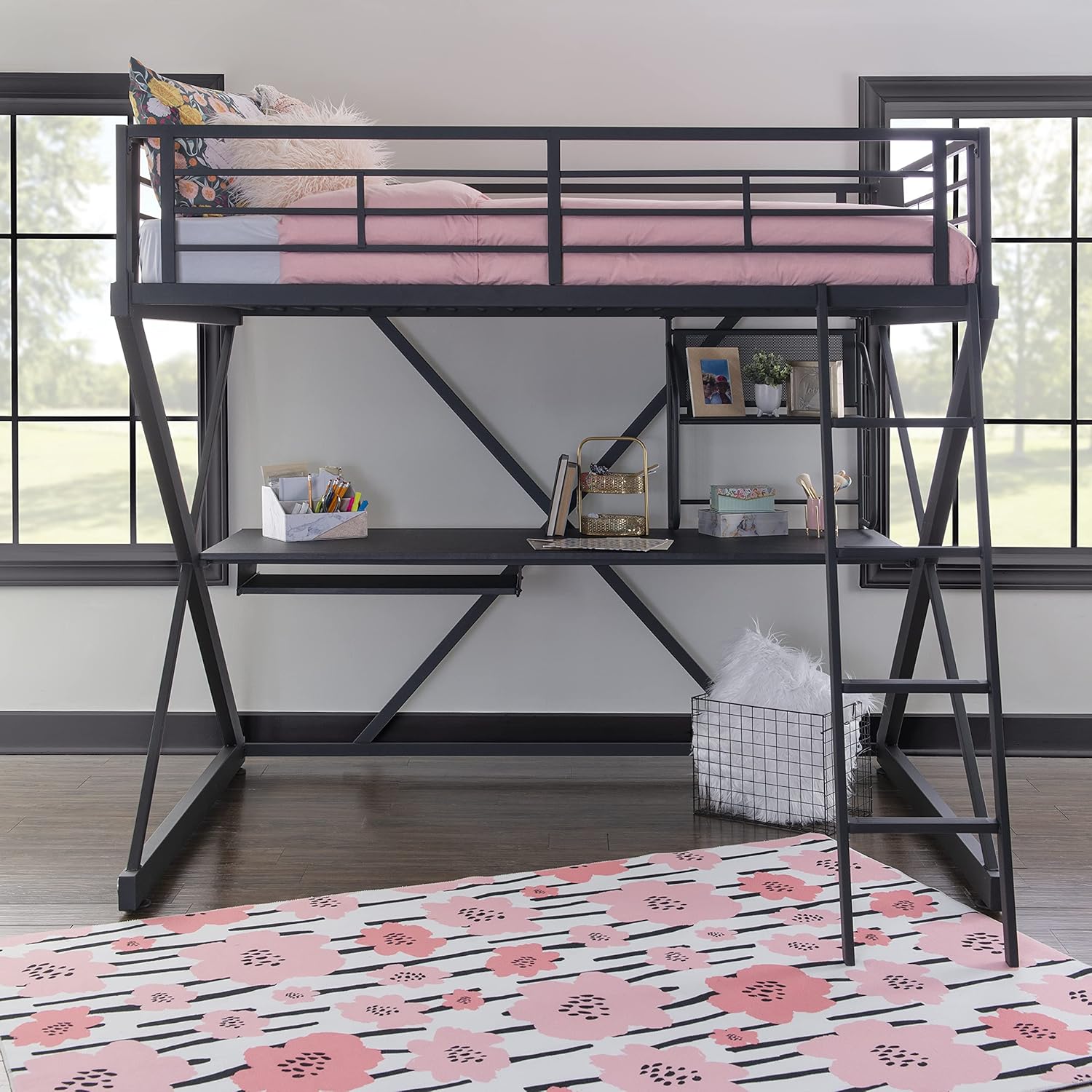 Z-Bedroom Metal Black Powder Coated Full Size Loft Study Bunk Bed with Computer Desk by Powell