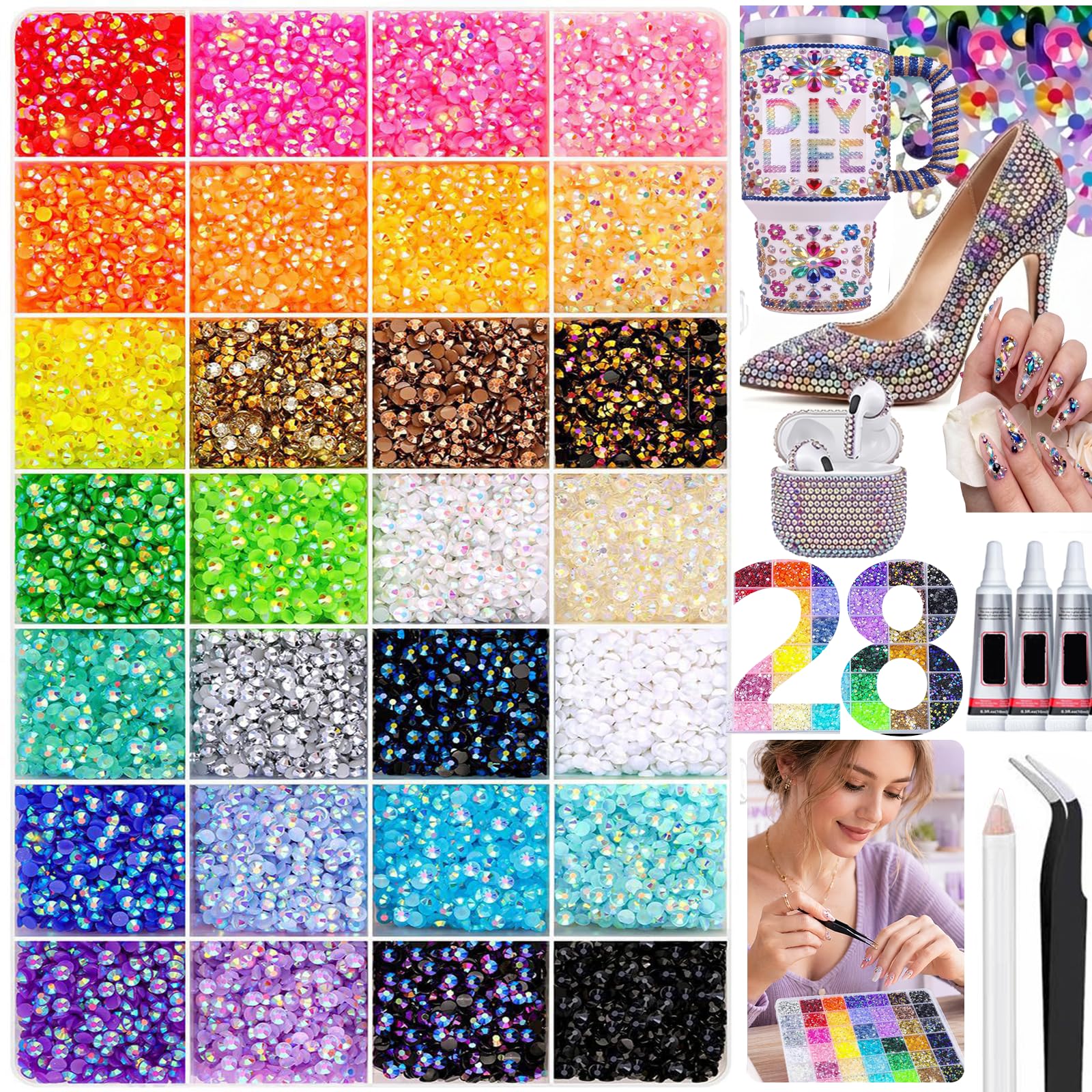 Zestaw 30000 sztuk Bedazzling Kit kamieni stras do paznokci, 28 kolorów, 3 mm błyszczące kamienie, Bedazzler Kit z pęsetą i pisakiem woskowym, płaskogrzbietowe kamienie stras Jelly Rhinestones do