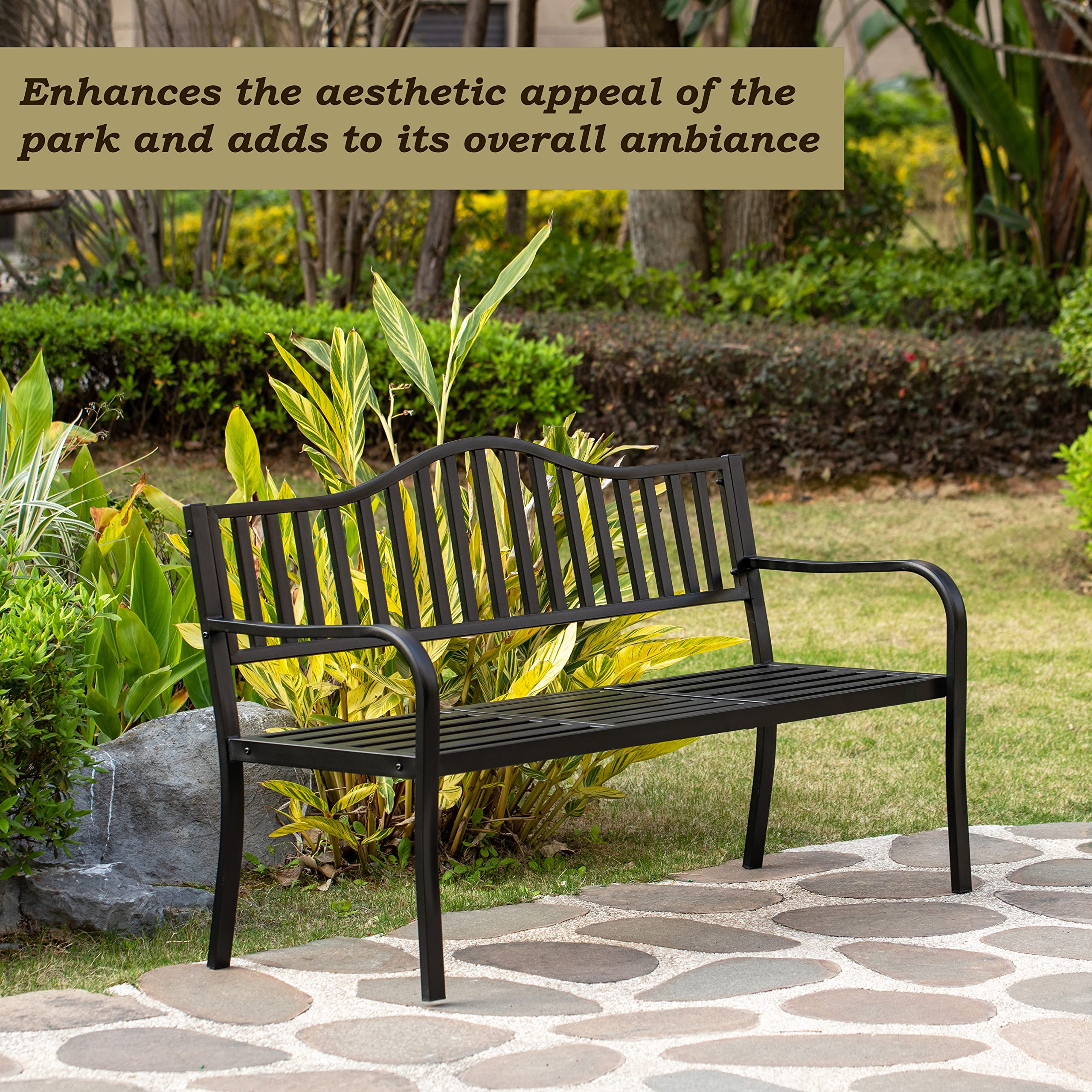 QI003461L Banco de parque de acero con recubrimiento en polvo para exteriores, banco de jardín con mesa central emergente, banco de asiento para decoración de césped para patio, jardín, 3