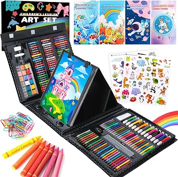 Art Supplies 332 Piece Drawing Art Kit Gifts for Girls Boys Kids Teens Gifts Art Set Case with Double Sided Trifold Easel, Stickers, Sketch Paper, Coloring Book, Pastels, Crayons, Pencils Black