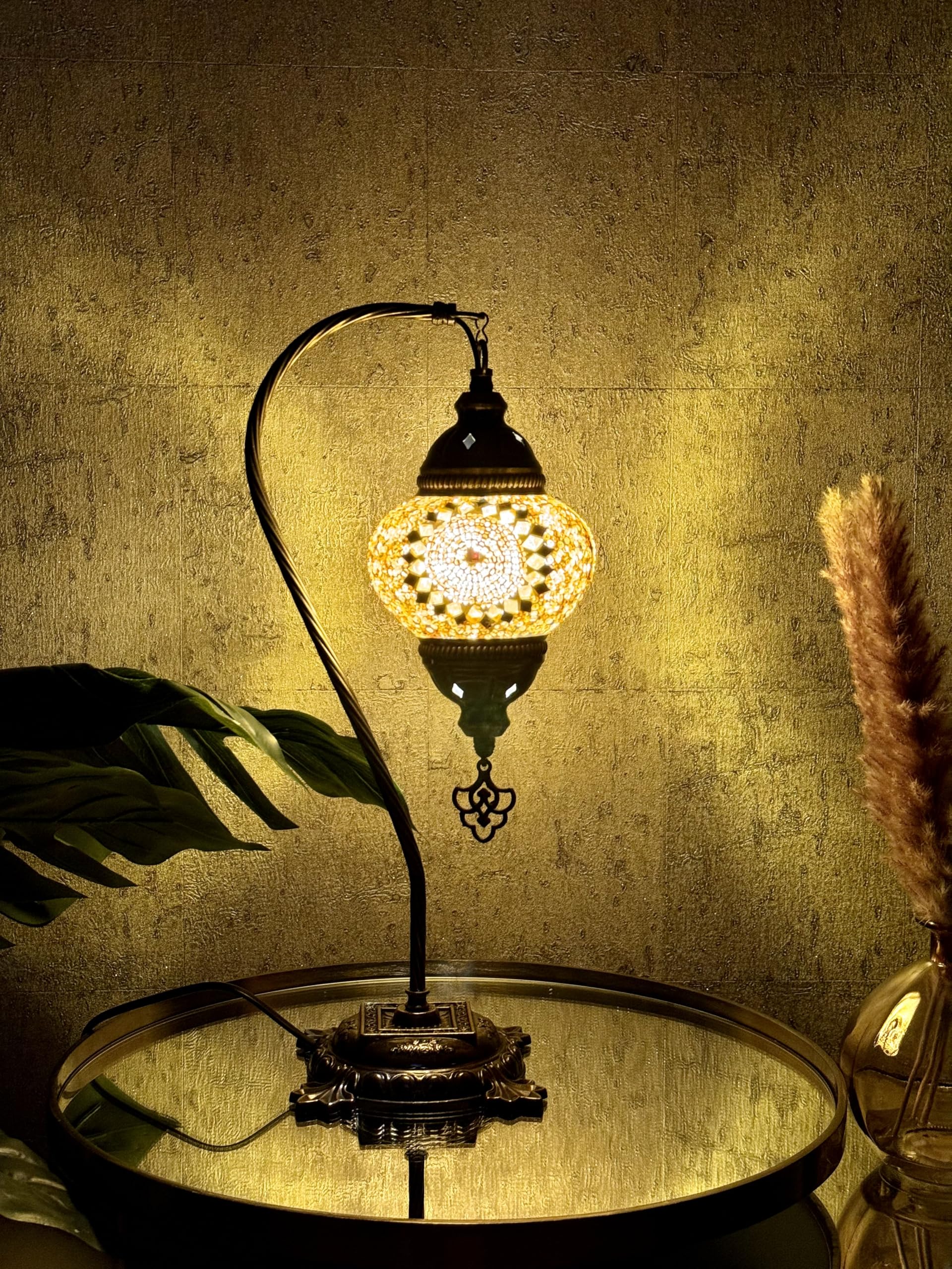Lightza Handmade Turkish Moroccan Mosaic Desk Lamp LED Bulb | Swan Neck Unique Globe Lampshade Table Light | UK Tested Safe Energy Efficient (Golden Flower) โ image 1