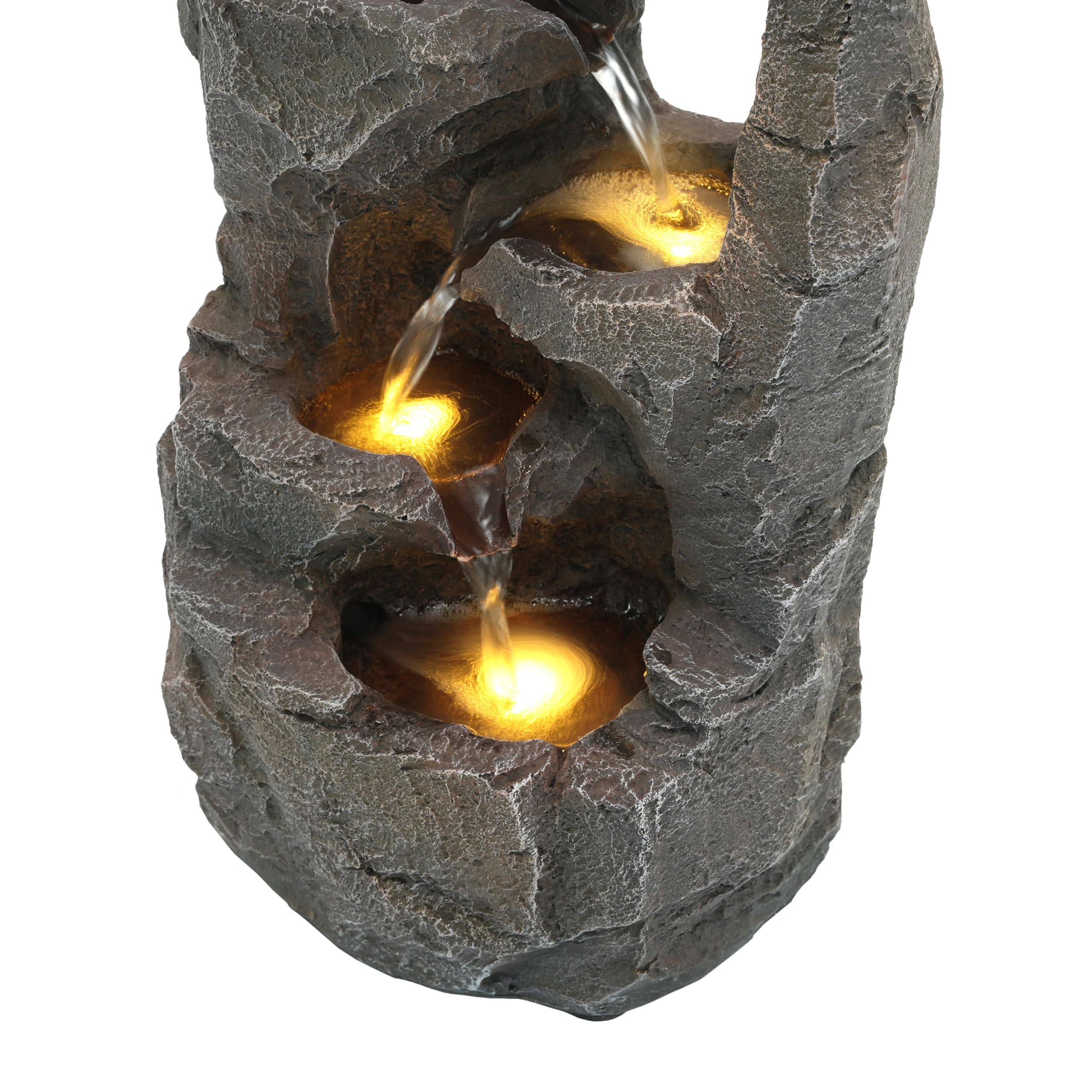 Merax Gartenbrunnen mit LED Beleuchtung, Moderner Standbrunnen für Garten, Terrasse, Balkon & Rasen, Steinoptik, Natürlicher Stil, 47cm Springbrunnen Wasserspiel Kaskade, Polyesterharz, Steingrau